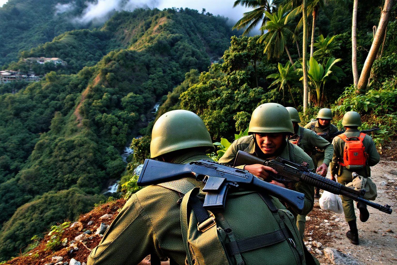 Guerrilla fighters in green fatigues descending a jungle mountainside at dawn