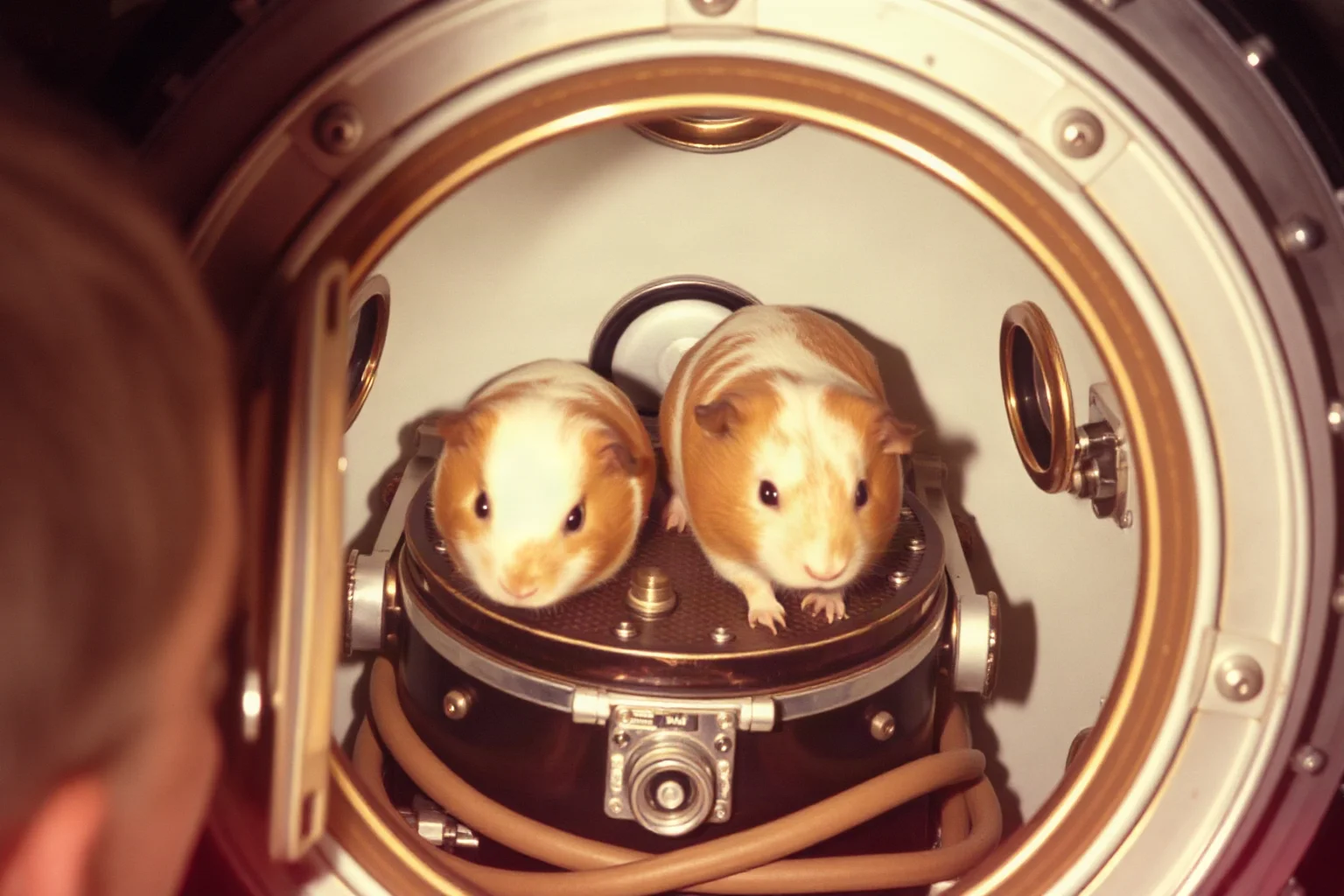 Guinea pigs in monitoring equipment inside a compact space capsule, 1960s