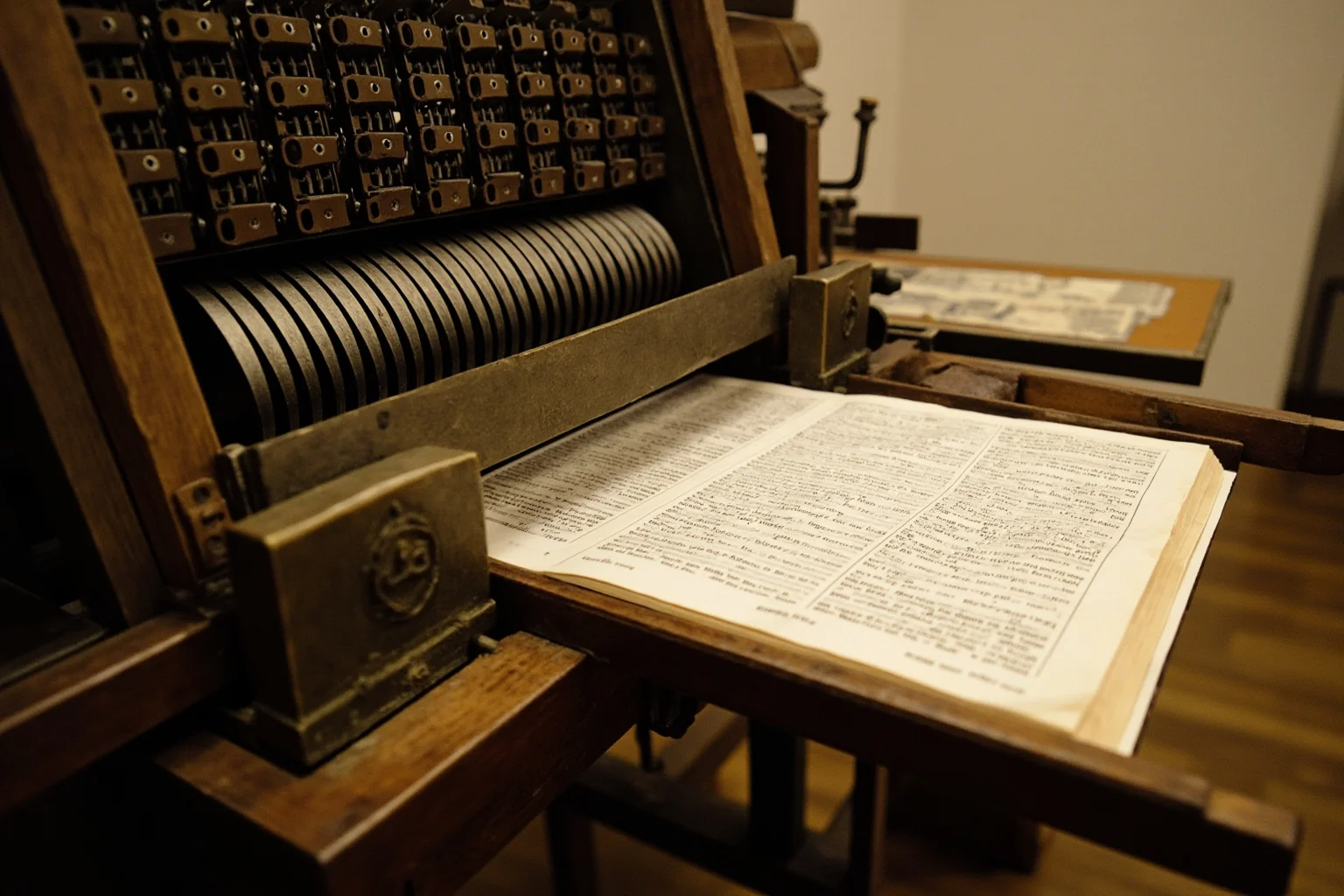 Gutenberg-style printing press with metal type and freshly printed Bible pages