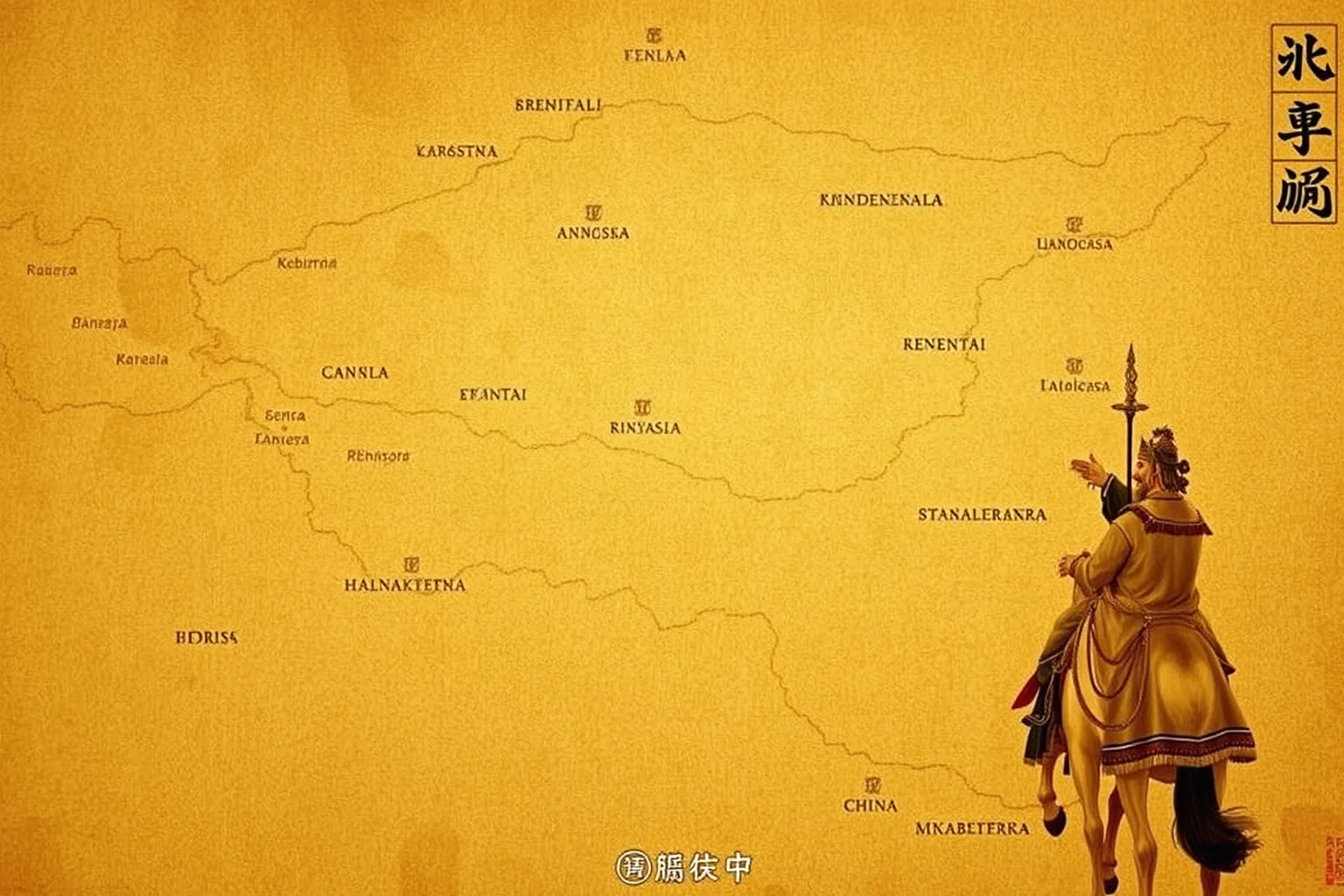Han dynasty emperor on horseback overseeing a vast expanding imperial territory map