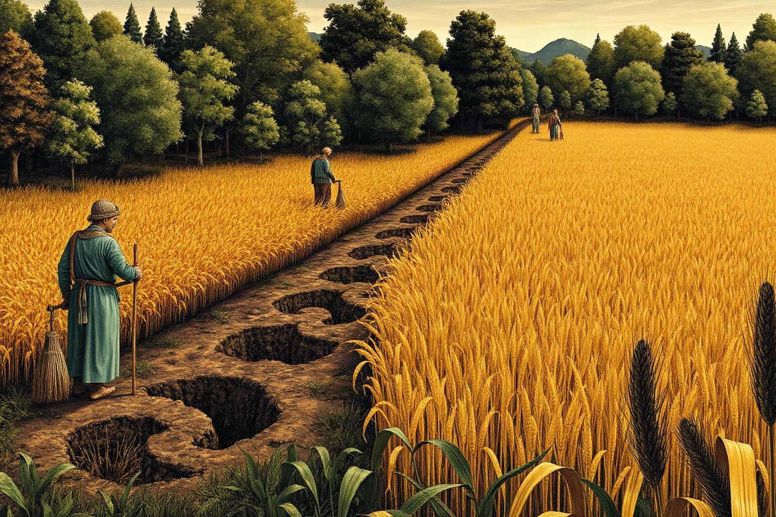 Harvest laborers in a medieval field near shallow earthen pits at the edge of a forest, golden wheat, historical illustration