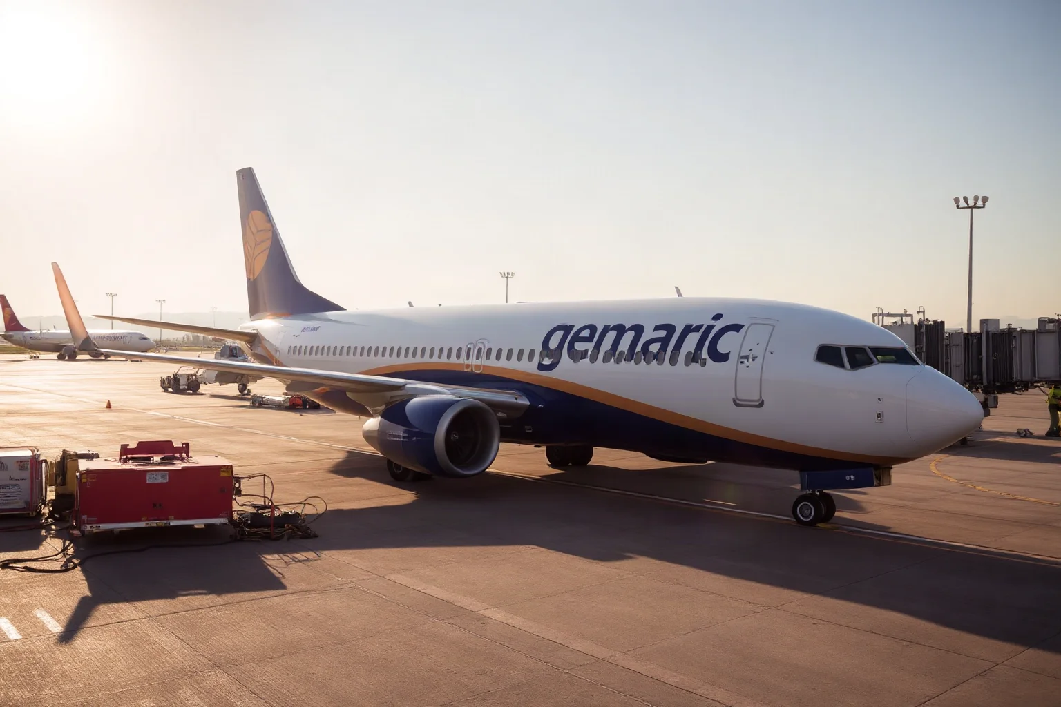 A Boeing 737-300 in generic airline livery parked at a sunny Mediterranean airport gate