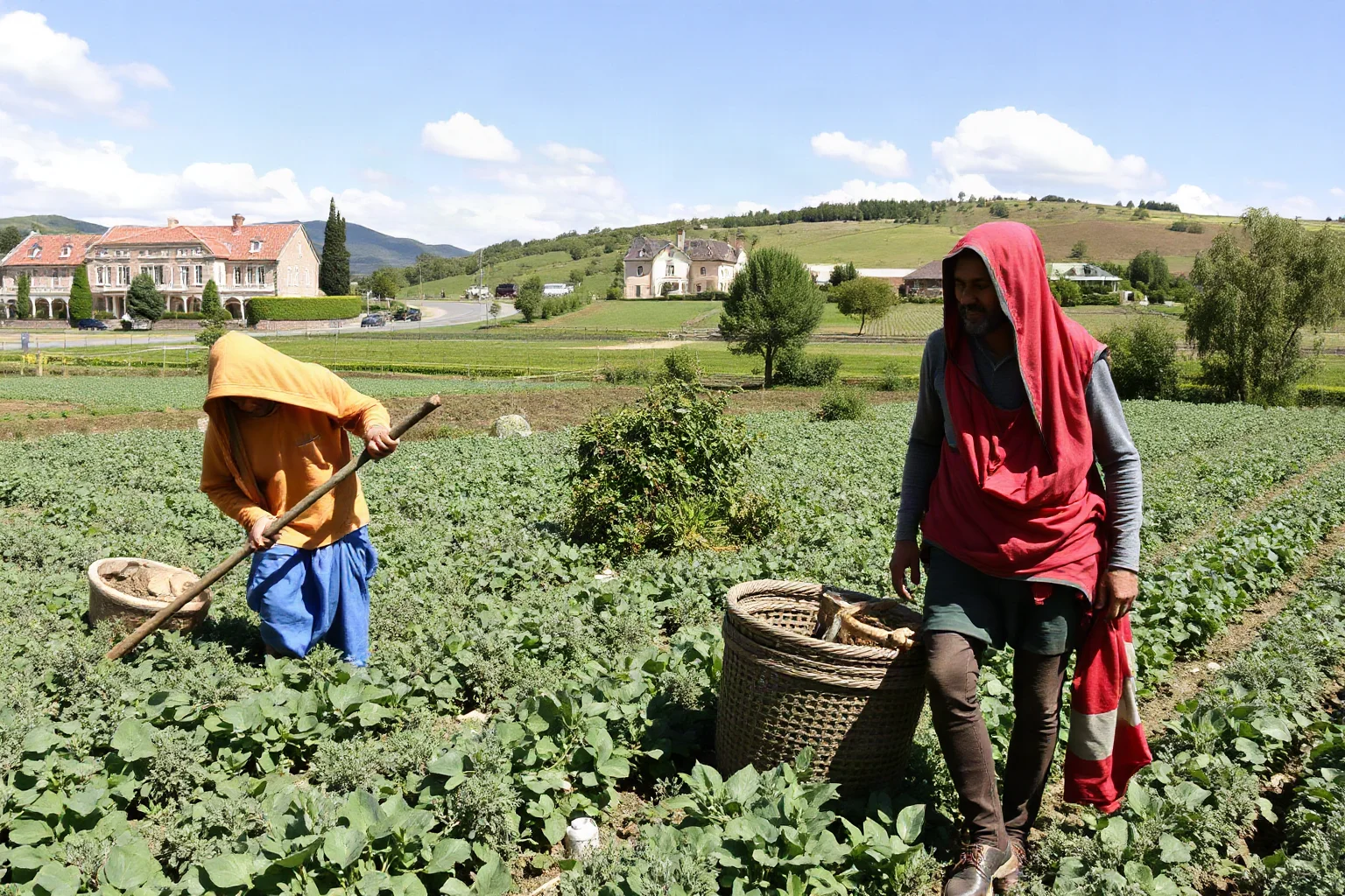 Helot farm workers laboring in a field with a Spartan estate visible in the background