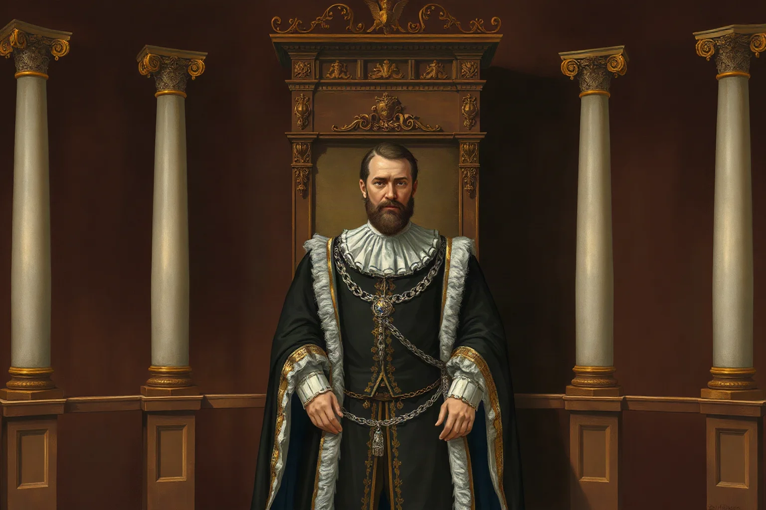 A somber illustrated portrait of an 18th-century French king in royal robes standing before an empty throne, historical painting style
