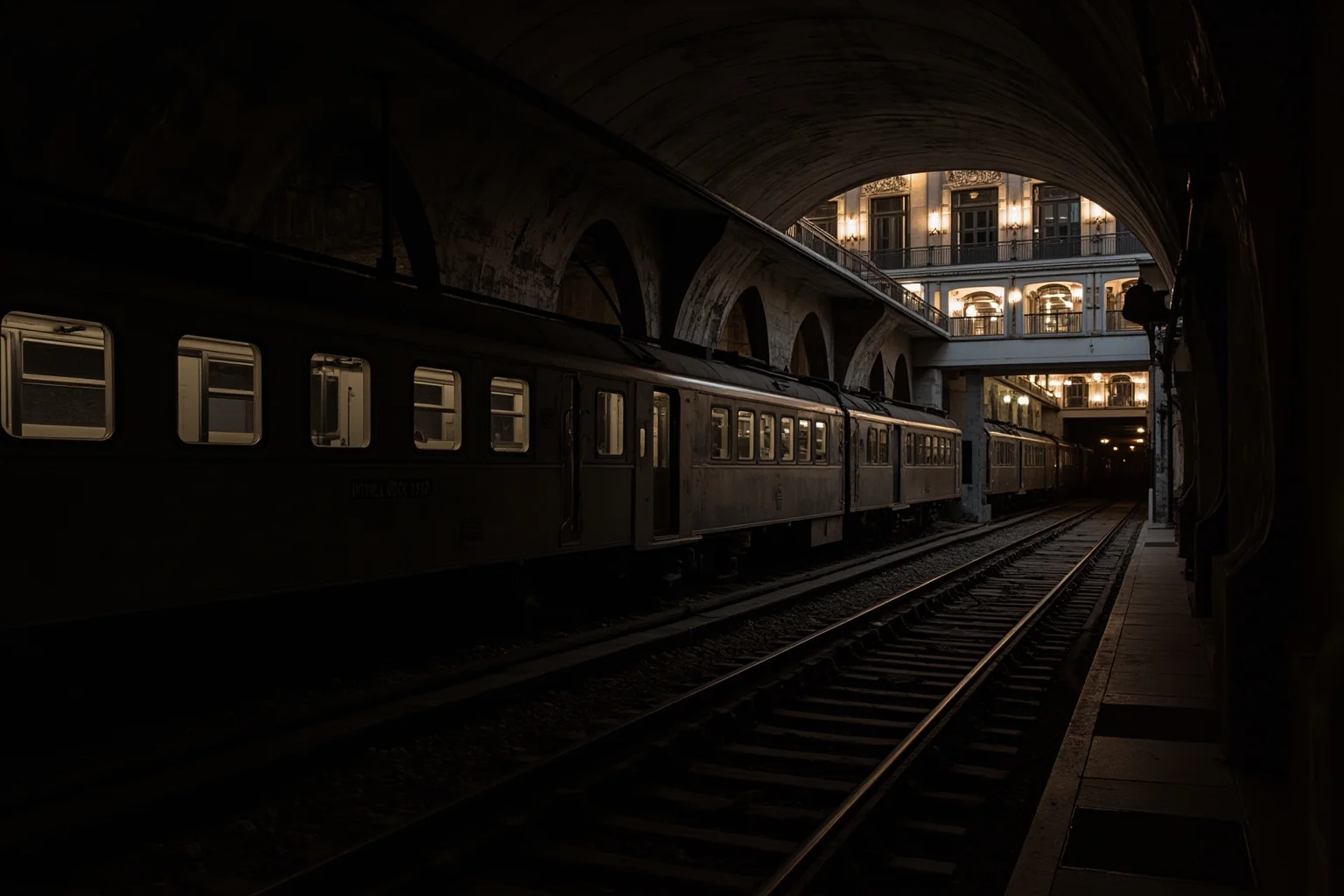 Hidden underground train platform with old rail car beneath a grand hotel, dim vintage lighting
