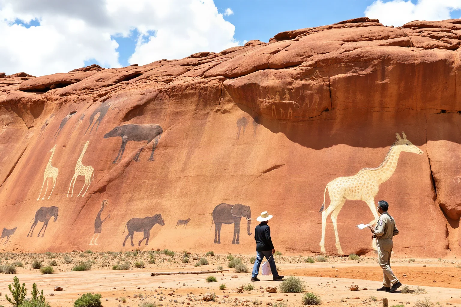 High desert sandstone plateau covered with thousands of ancient rock paintings showing giraffes, hippos, and human figures