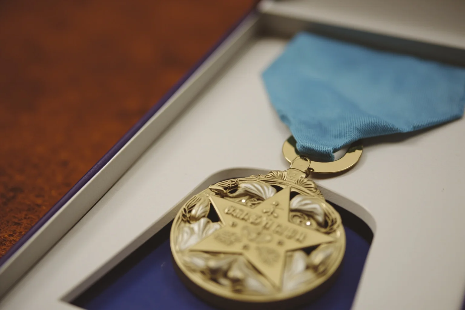 Highest Military Decorations: 20 Rare and Obsolete Medals You'll Never See Again 2 A detailed illustration of a five-pointed star medal on a light blue ribbon, resting in an open display case, representing a nation's highest military honor