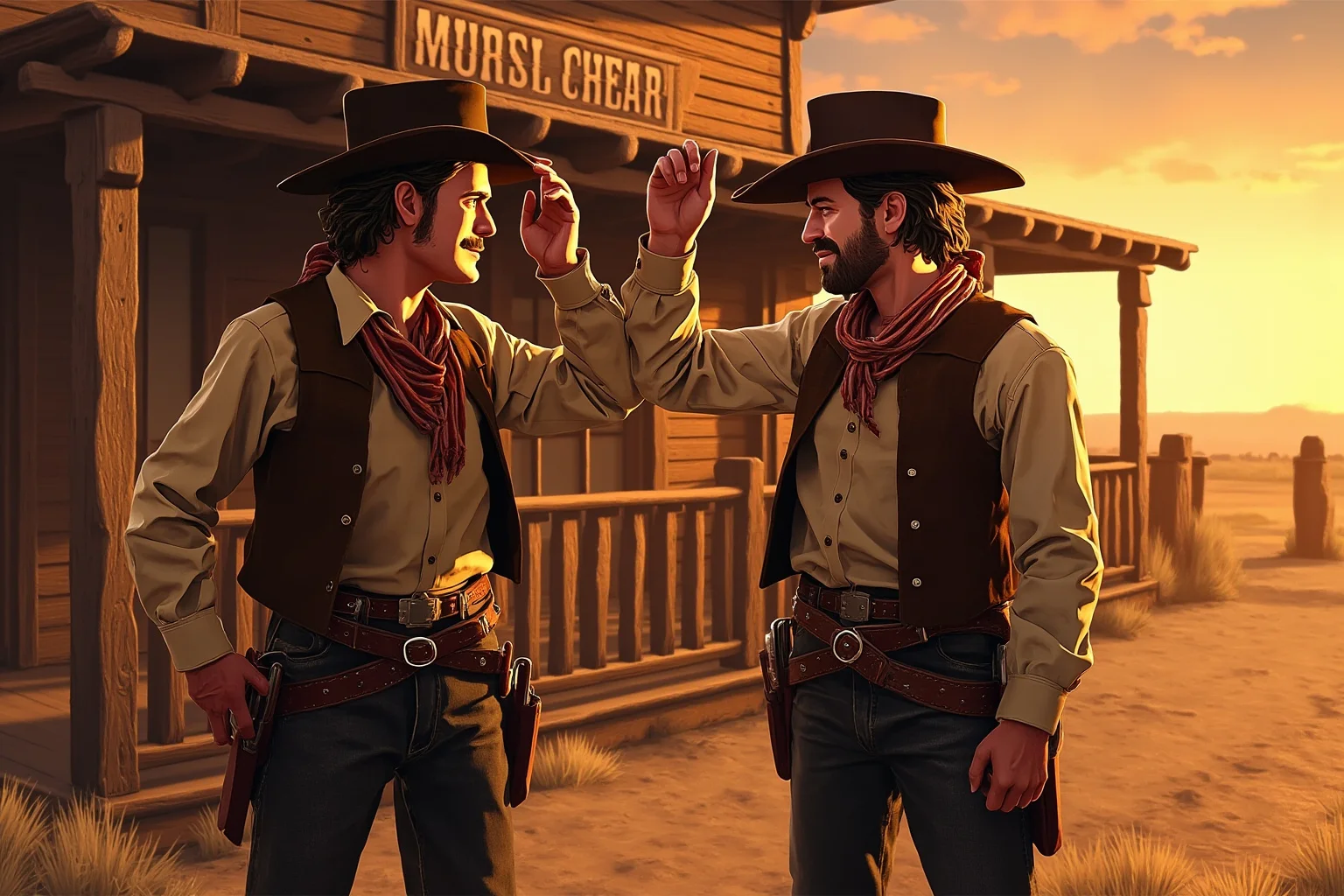 Hilarious Slang Terms From The Wild West 2 Two frontier-era ranch hands tipping their hats to each other outside a wooden saloon, warm sunset lighting, illustrated western style