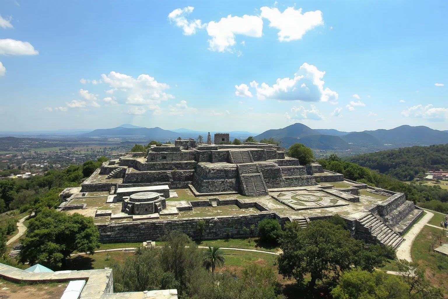 Hilltop Zapotec city of Monte Albán with stone plazas and carved glyphs