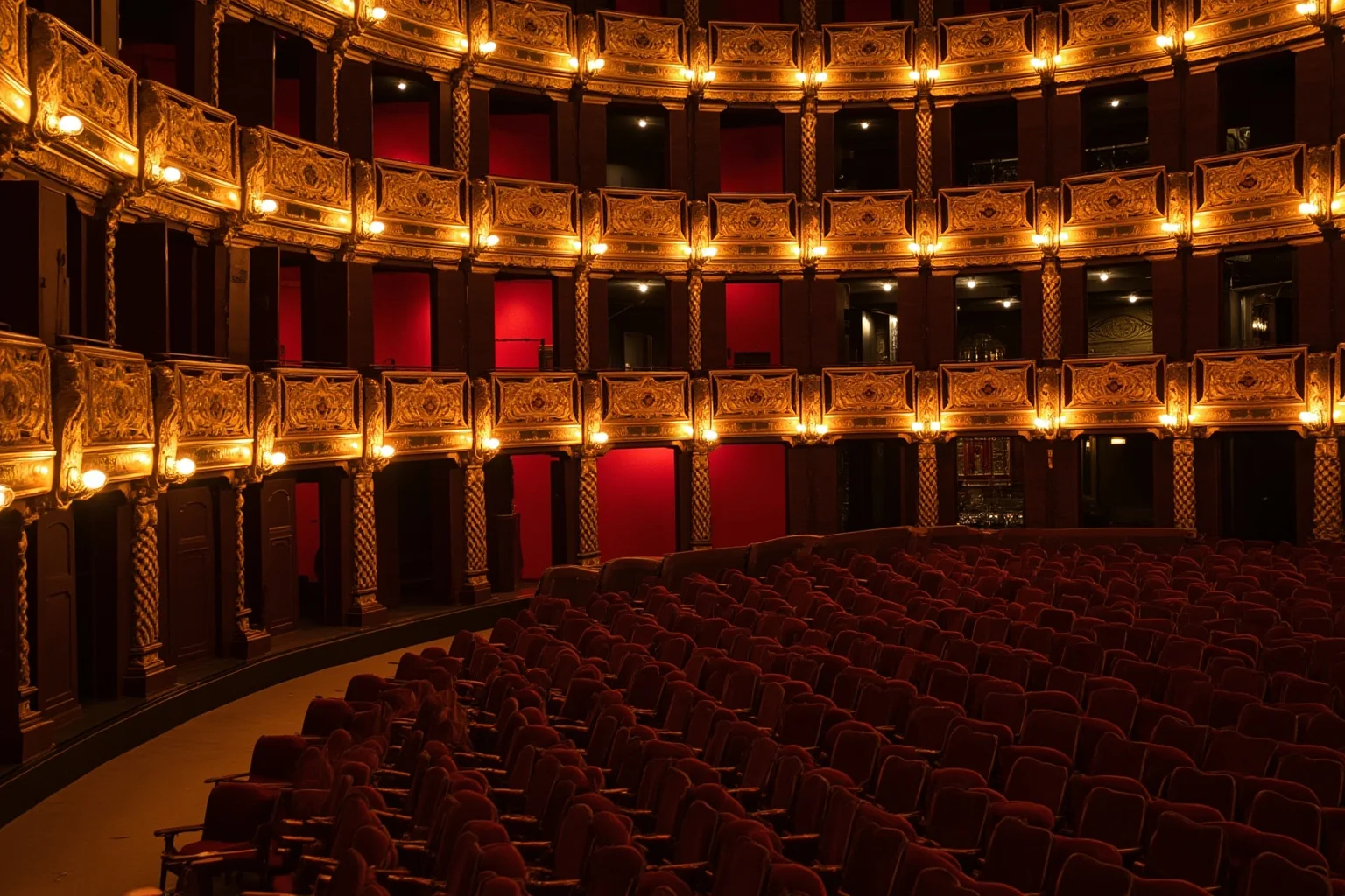 Historic 17th century Venetian opera house interior with candlelit box seating and ornate gold detailing