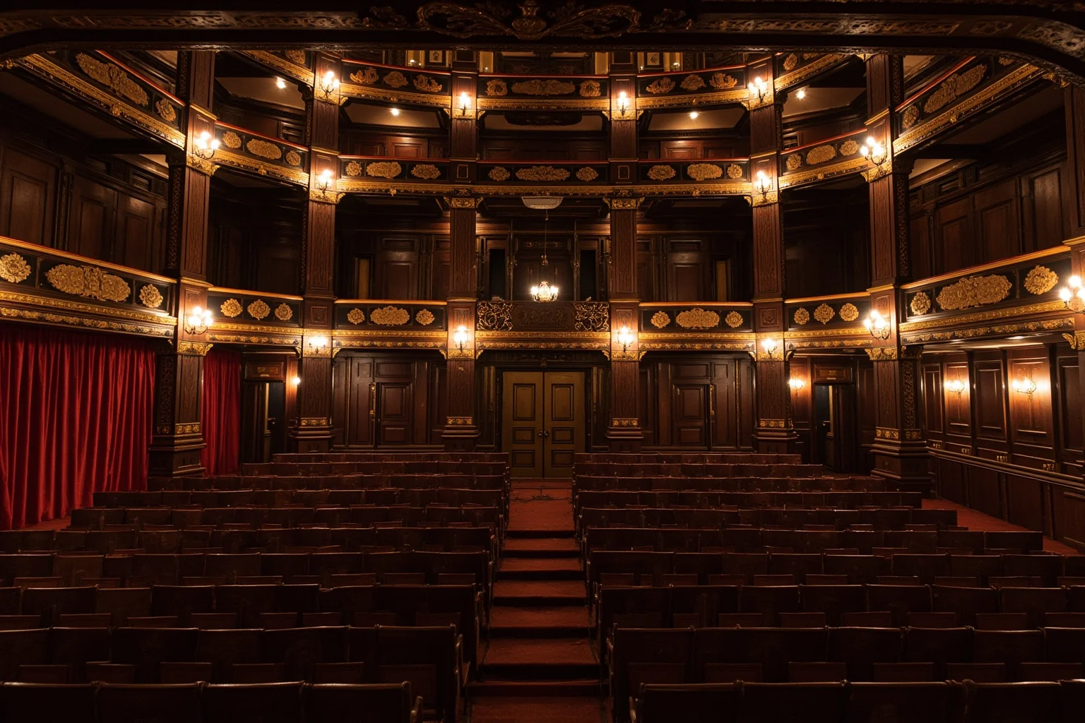 Historic 19th century American theatre interior in Philadelphia with wooden seats and vintage stage curtains