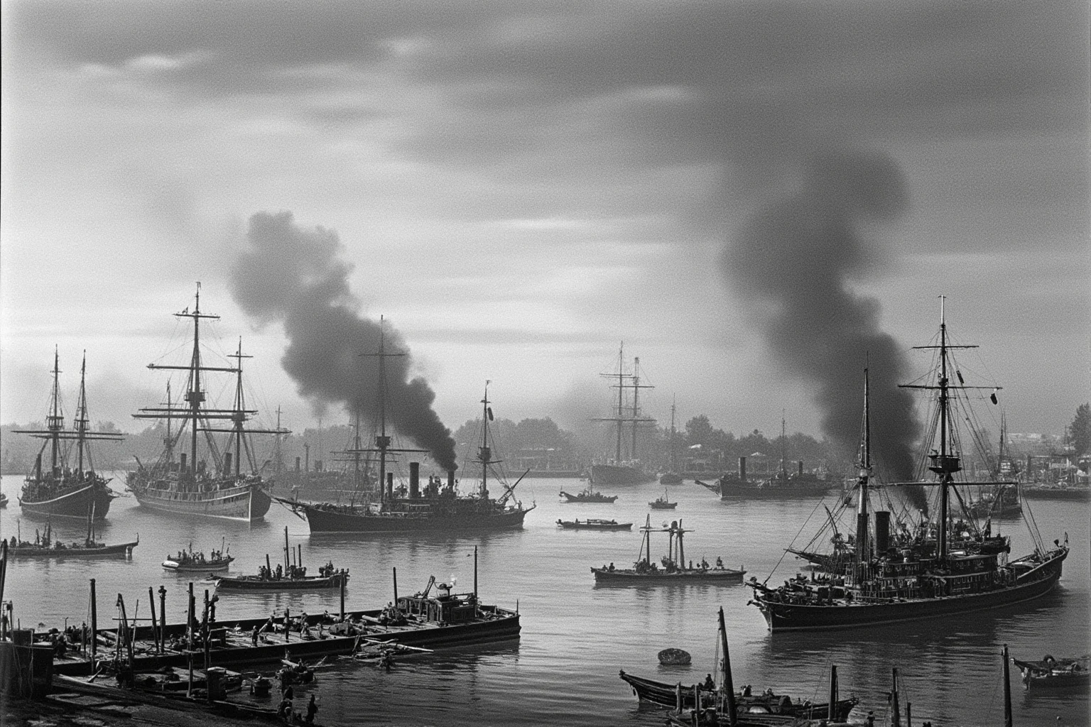 Historic black-and-white style harbor scene with warships and smoke rising after a surprise dawn attack