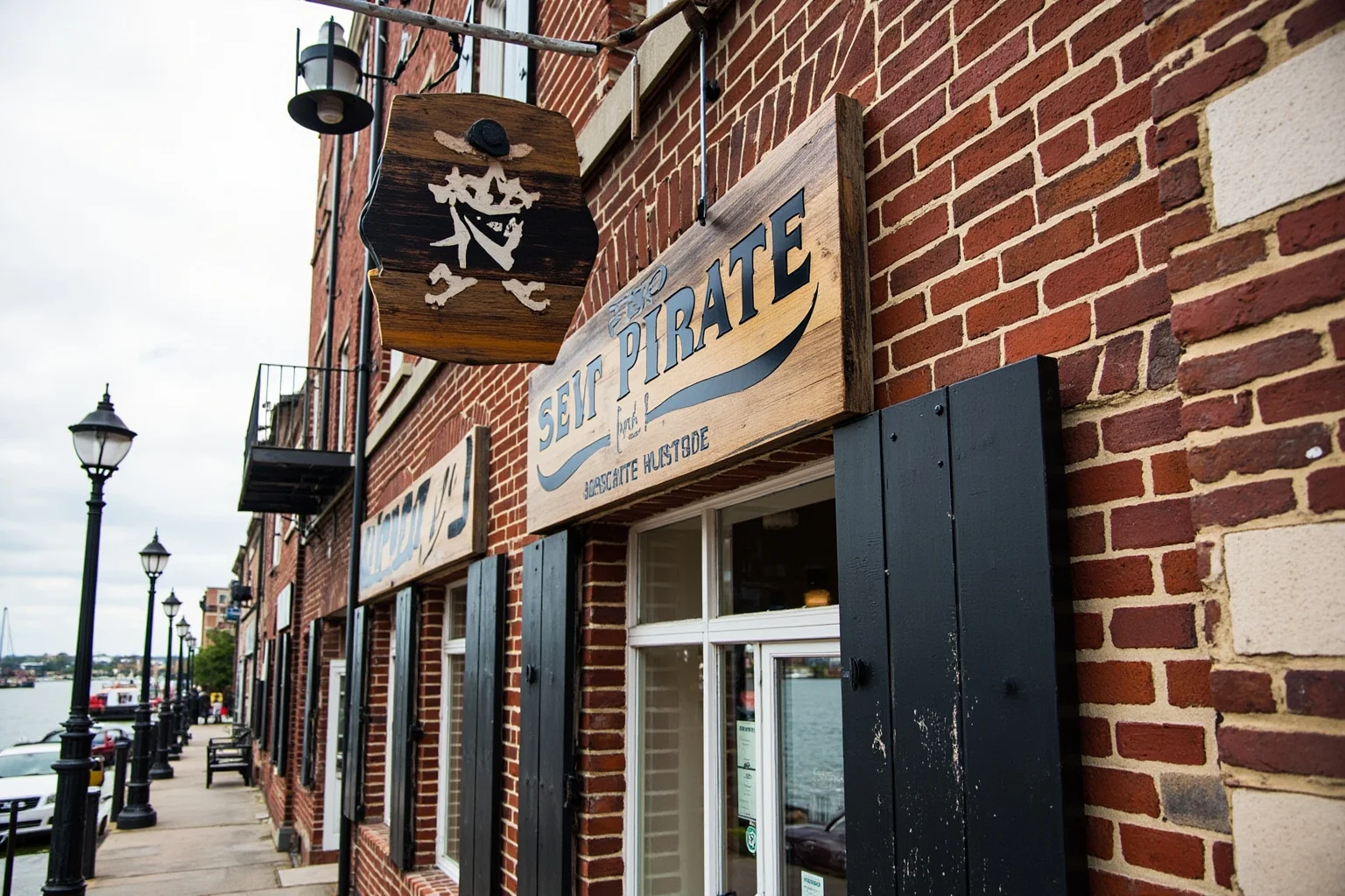Historic brick building with a pirate-themed wooden sign near a waterfront, Savannah-style architecture