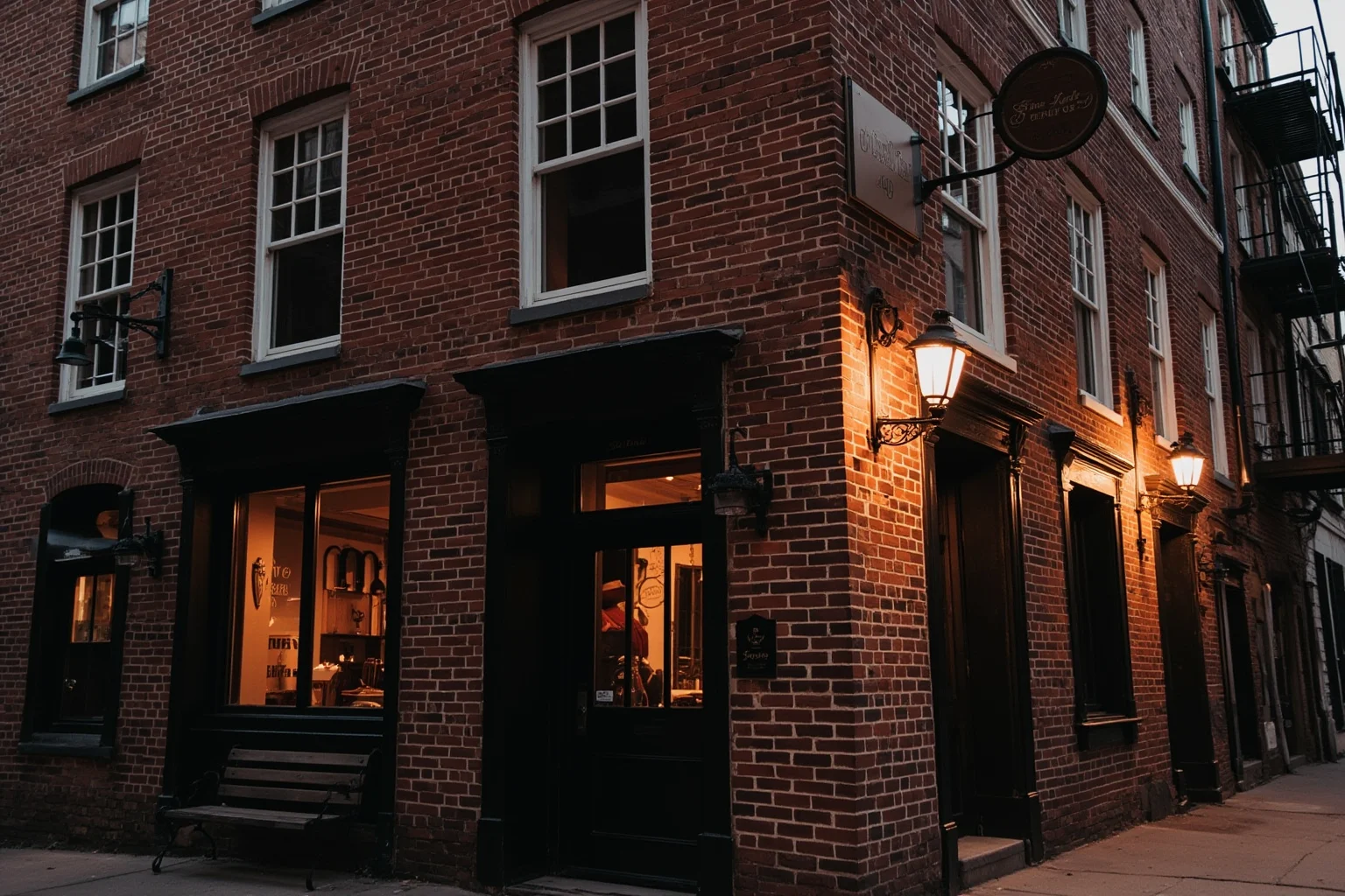 Historic brick colonial tavern building with lantern-lit windows and a wooden sign, evoking 18th-century New York City