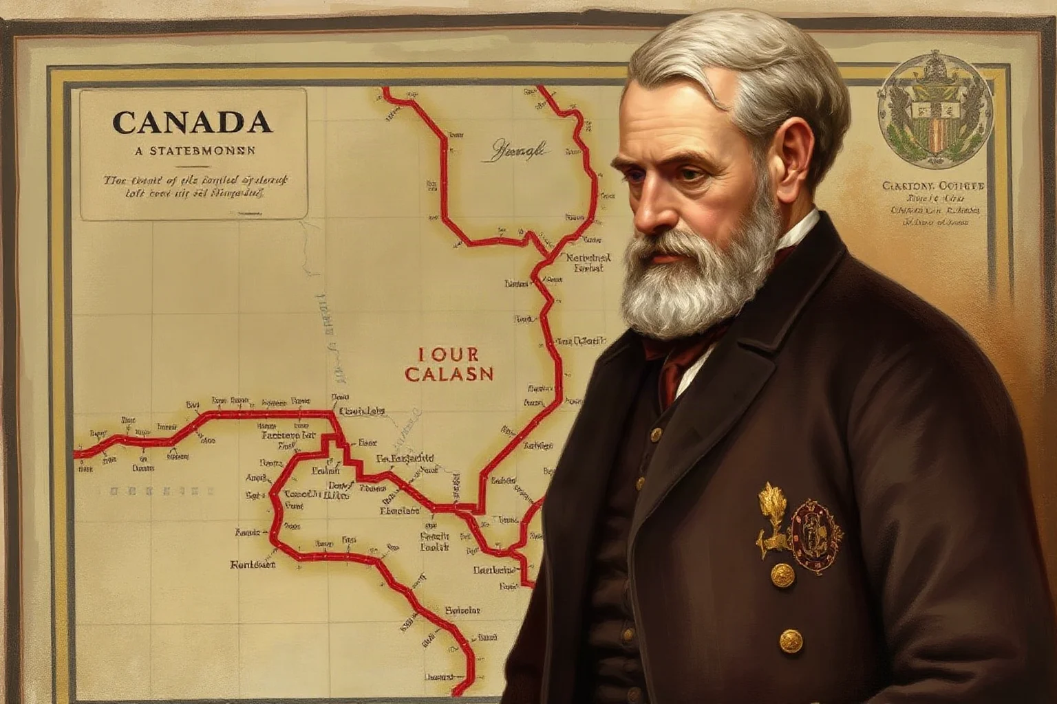 Illustrated portrait of a 19th-century Canadian statesman in formal Victorian attire, standing before a railway map, historical painting style