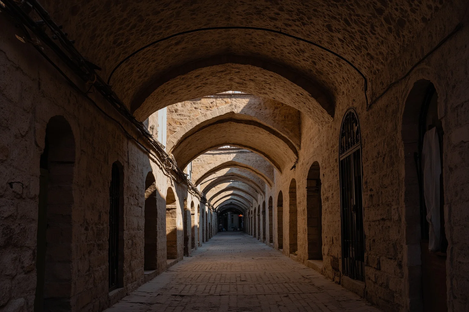 Historic covered souk street in old Damascus with arched stone ceiling and light beams filtering through small roof openings
