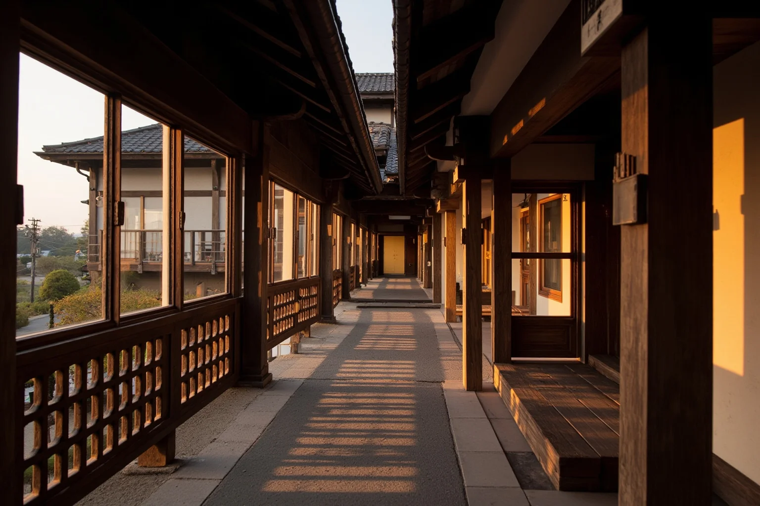 Historic Japanese hot spring inn with wooden verandas and stone paths, generations-old ryokan atmosphere, soft golden lighting