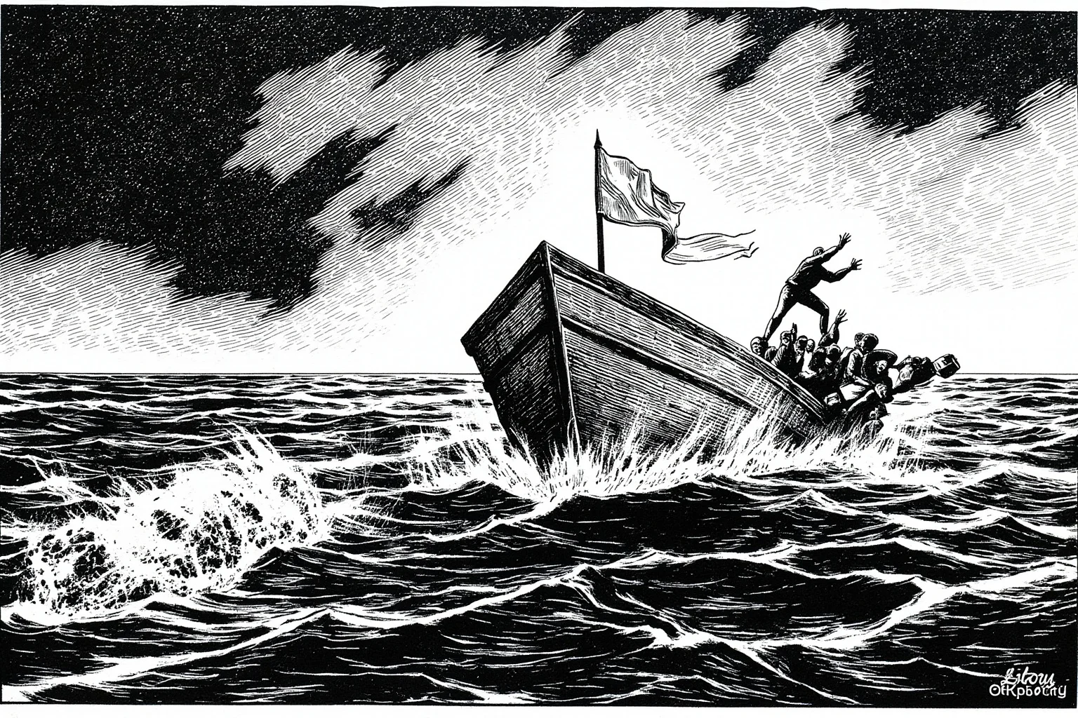 Editorial illustration of a lifeboat at sea during wartime, survivors reaching toward a passing water container, dramatic monochrome tones