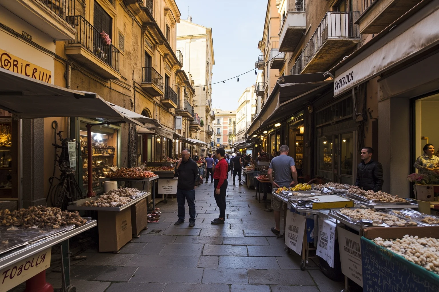 Historic Sicilian street market scene in Palermo's Vucciria district with seafood stalls and old stone buildings