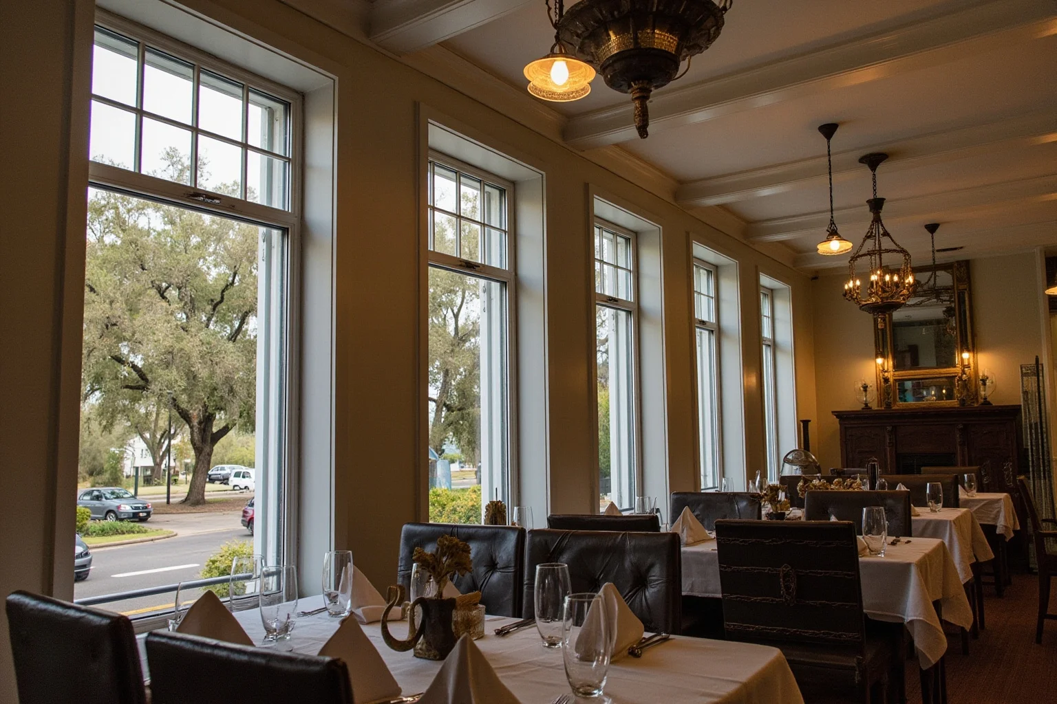 Historic Southern hotel dining room with tall windows, antique furniture, and Spanish moss visible outside