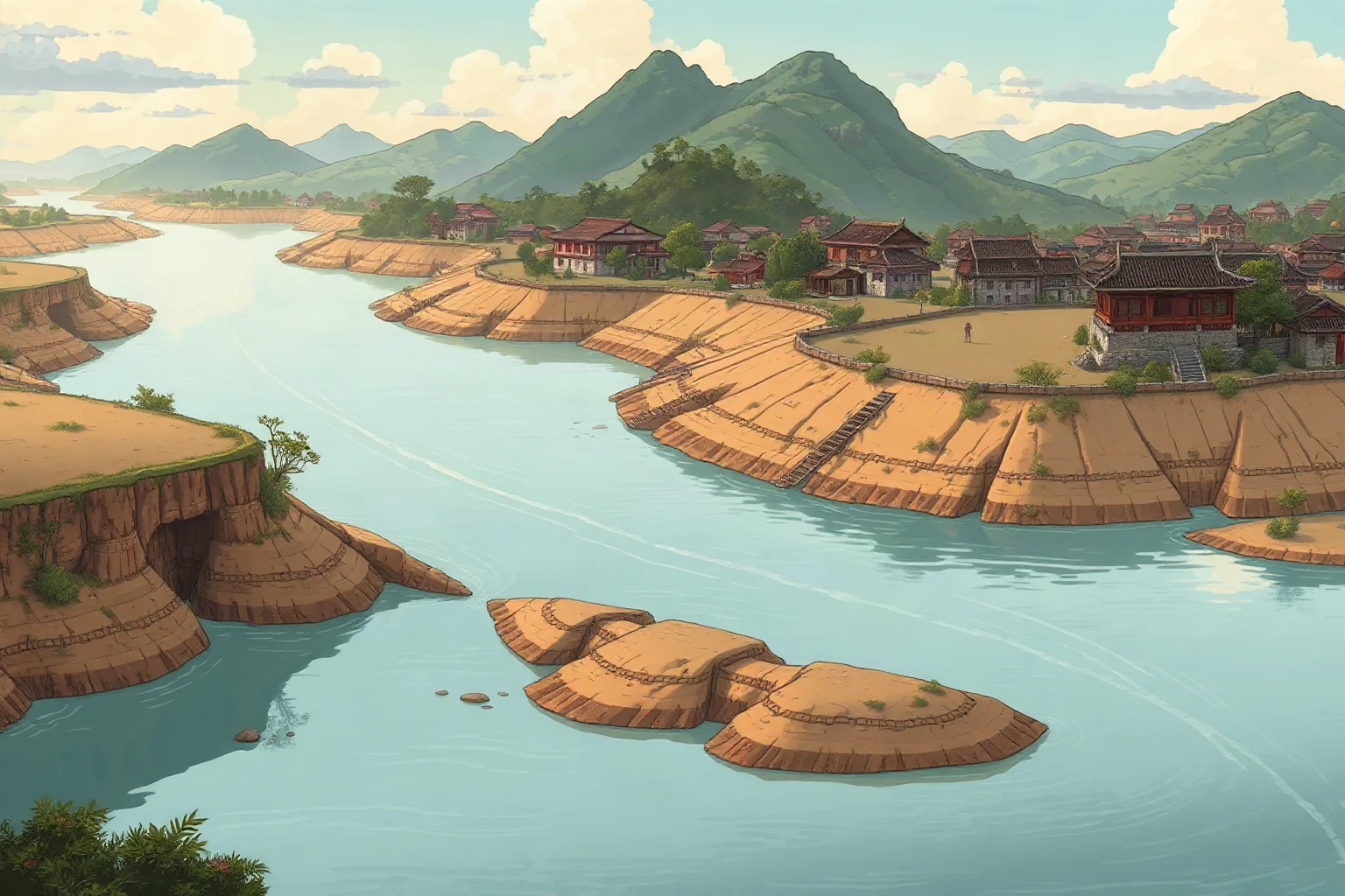 Historic-style illustration of a wide river overtopping earthen dikes near a rural Chinese village