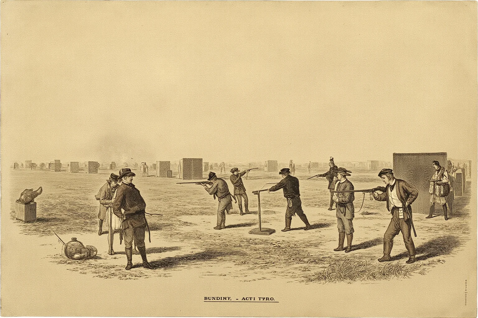 23 Olympic Sports That Don't Exist Anymore (And Why They Vanished) 3 Historic-style illustration of an early Olympic shooting range with competitors and clay targets, sepia tone