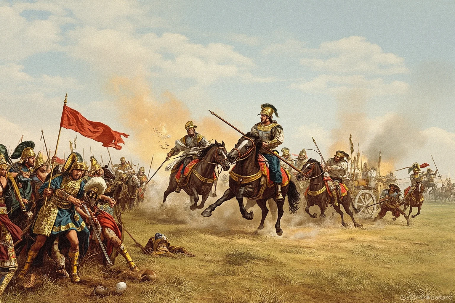 It's In The Name: Why Alexander The Great Is Considered History's Greatest General 9 Historical battle illustration showing two ancient armies clashing on an open plain with a fleeing chariot in the background