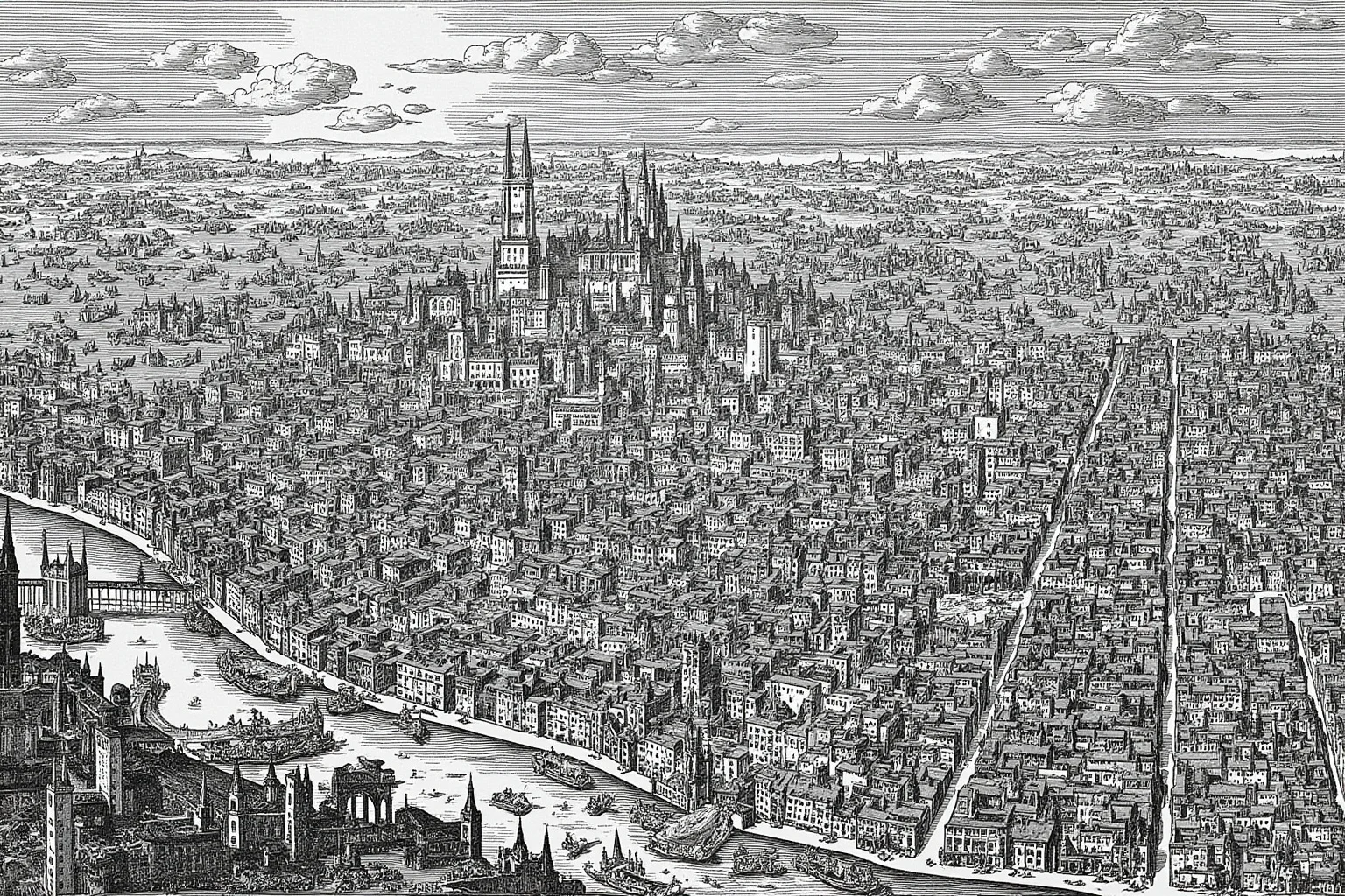 Historical engraving of London during the Great Plague of 1665-1666 showing city streets and buildings in distress
