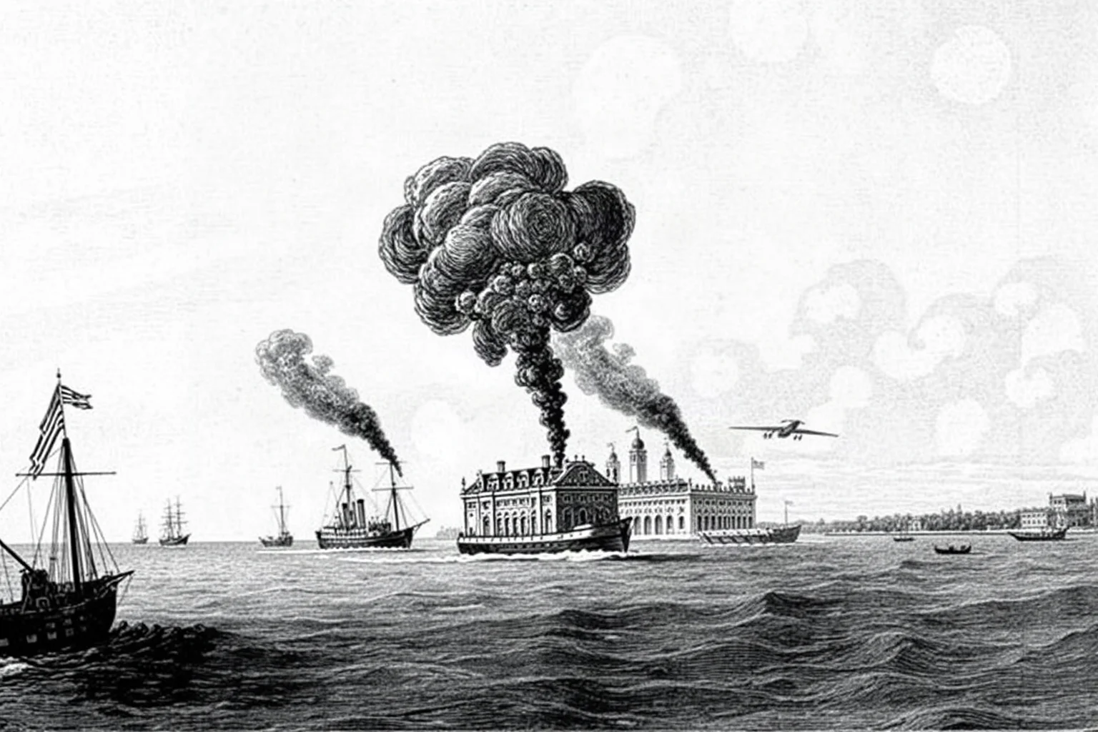British Royal Navy warships bombarding a coastal palace in Zanzibar in 1896, historical illustration style