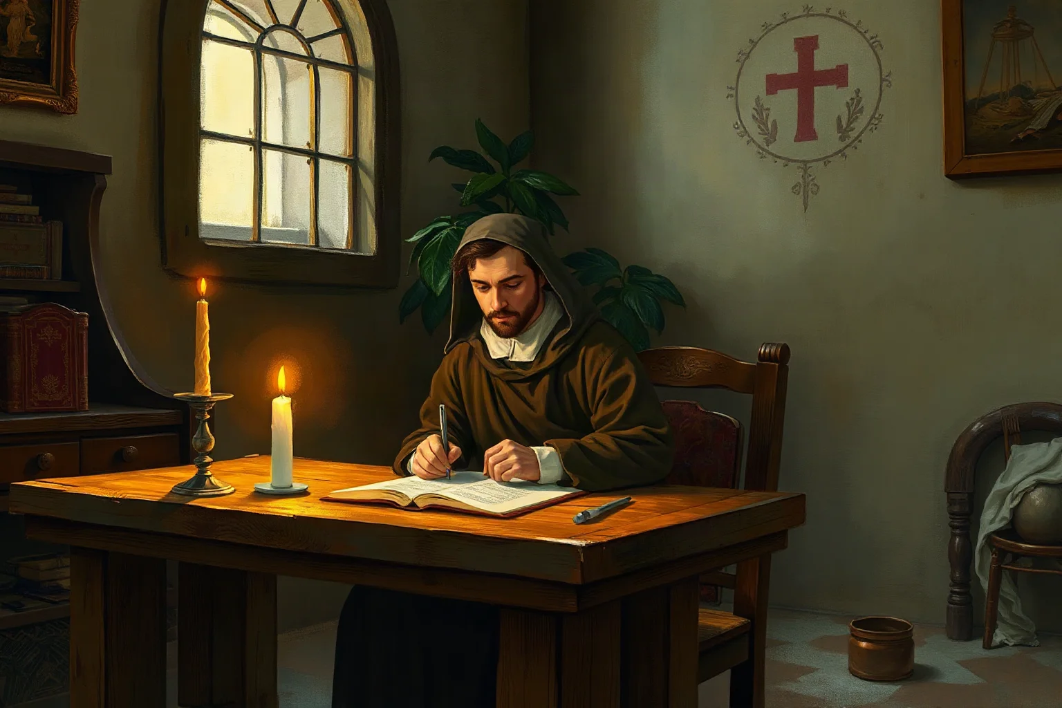 Painterly illustration of a 16th-century Spanish Dominican friar writing at a candlelit wooden desk in a colonial mission, historical art style, not photorealistic