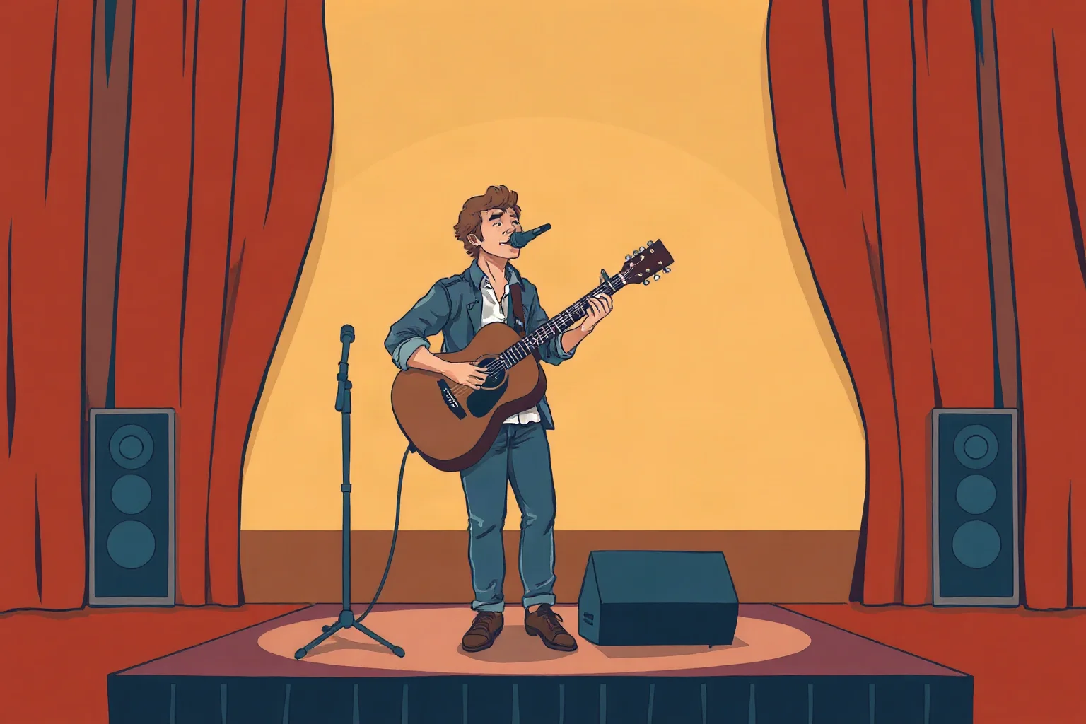 Stylized illustration of a folk-rock singer-songwriter performing solo with an acoustic guitar on a simple stage, warm vintage color palette, non-photorealistic art style