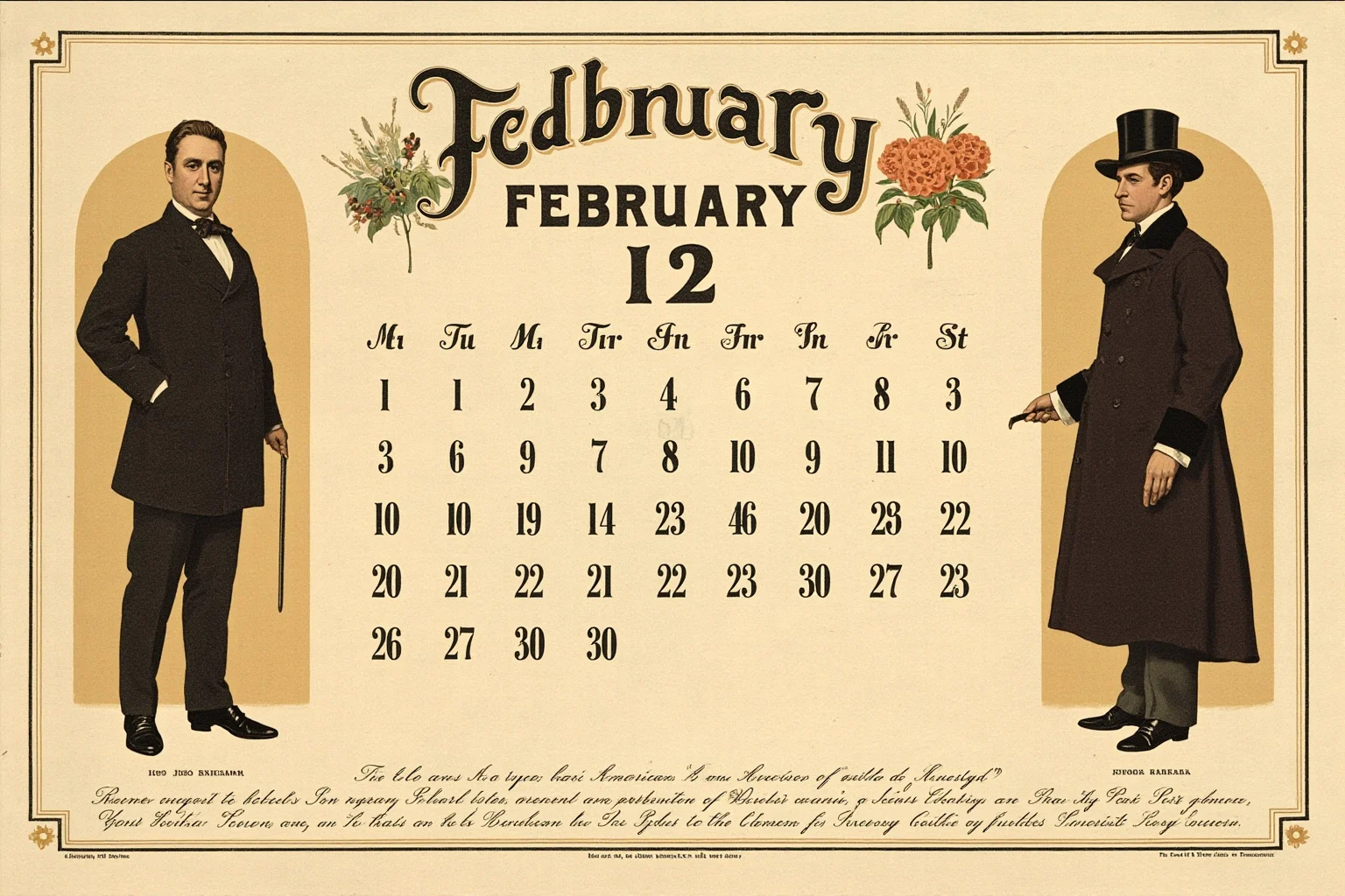 Editorial illustration of a calendar page marked February 12 with silhouettes of a 19th-century American statesman and a Victorian-era naturalist, non-photorealistic, warm vintage tones