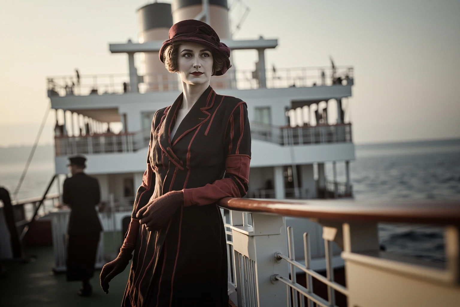 Historical Figures Who Boarded the Titanic — And 10 Who Didn't Survive 2 An elegant Edwardian-era society woman in early 1900s formal dress standing on a ship's deck, evoking a Titanic first-class passenger