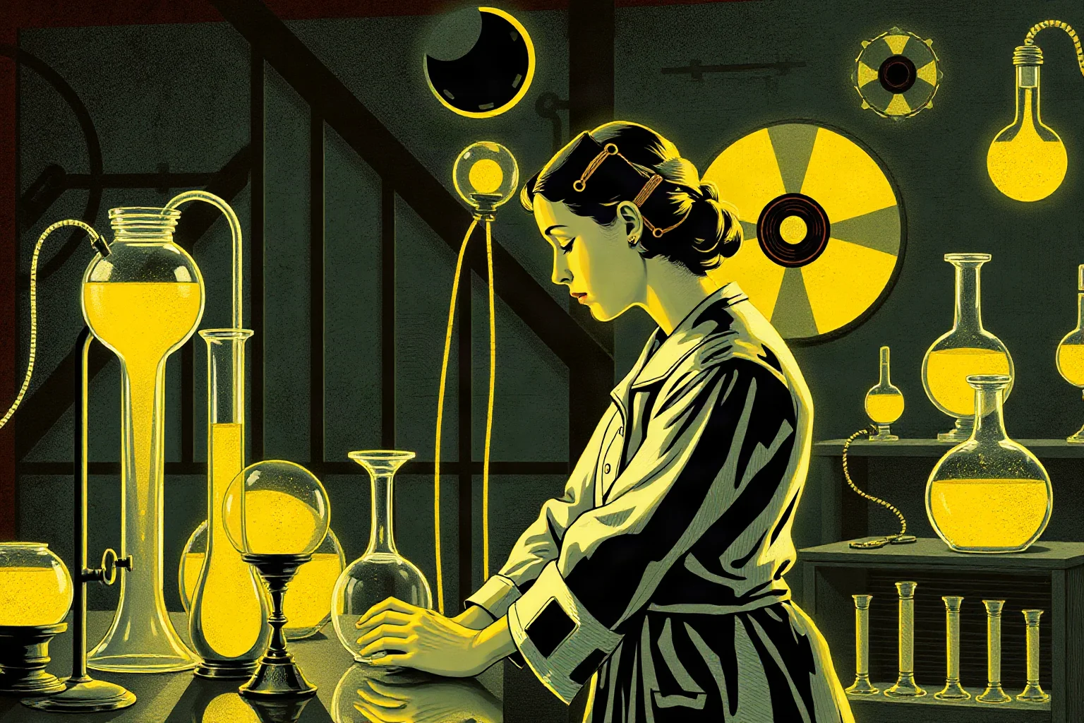 A vintage-style illustration of a female scientist in an early 1900s laboratory surrounded by glowing glassware, symbolizing pioneering radioactivity research
