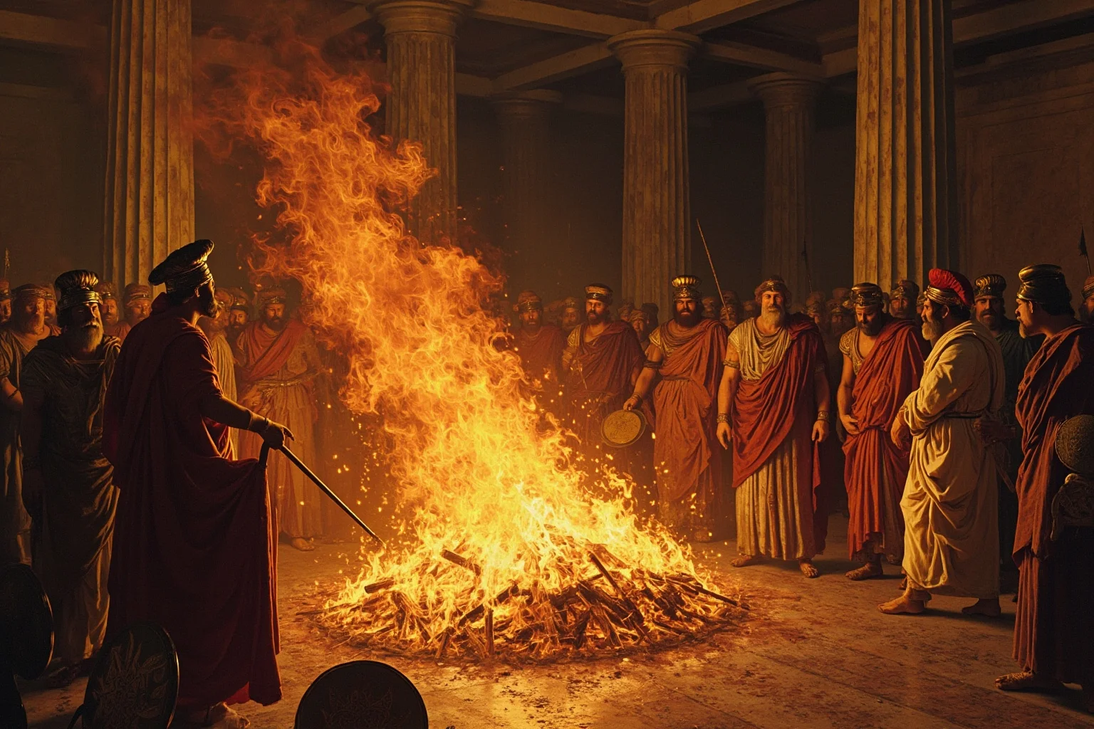 Historical Figures Who Died Of A Broken Heart 2 A painterly illustration of an ancient Macedonian king mourning at a torch-lit funeral pyre in a grand palace hall