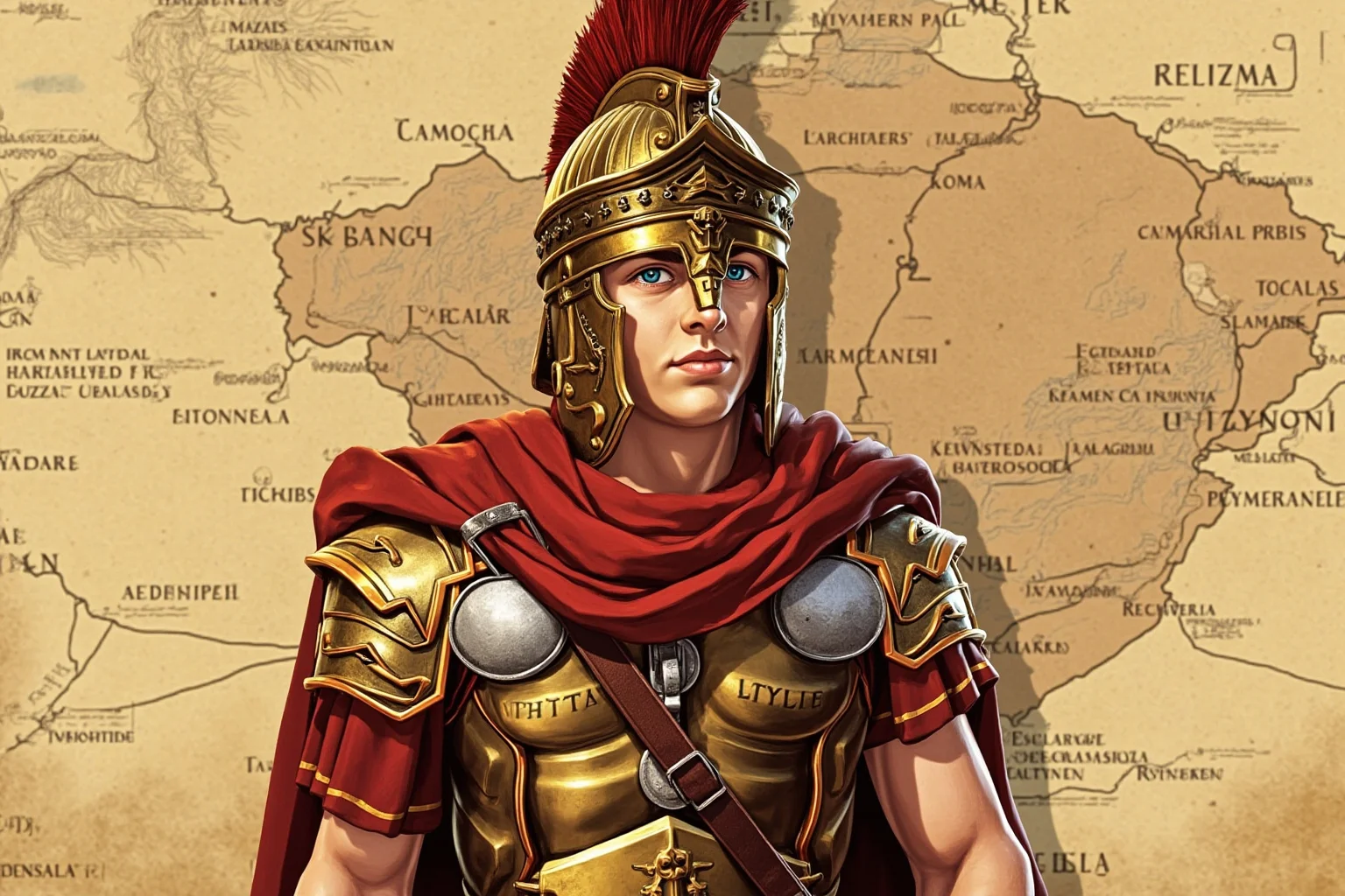 Stylized historical illustration of a young Macedonian-era military leader in ancient armor standing before a map, artistic non-photorealistic style