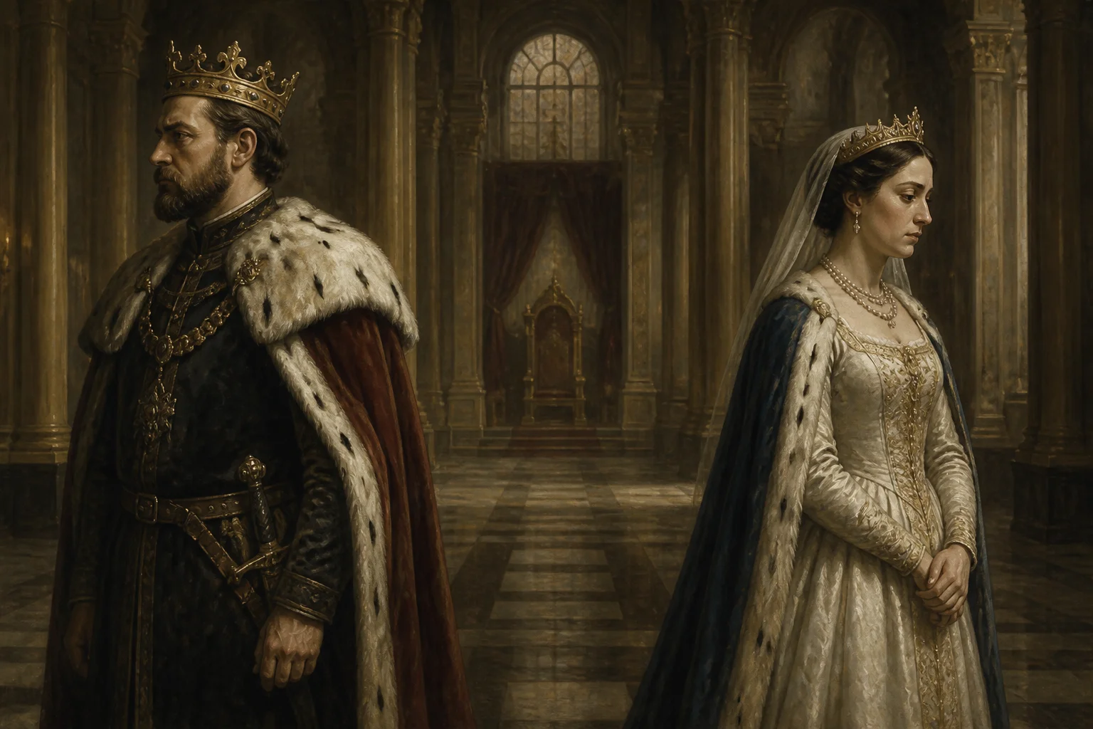 A dramatic oil-painting-style illustration of a royal couple standing apart in a grand palace hall, symbolizing a historic royal separation, muted period color palette