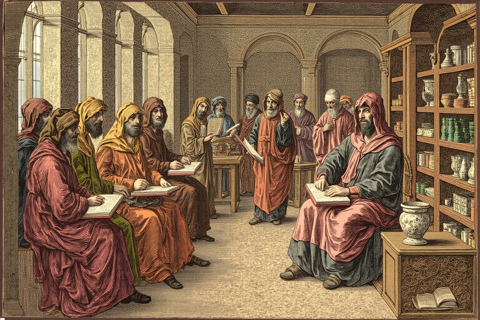 Historical illustration of a Byzantine classroom in Constantinople with robed scholars debating philosophy and law