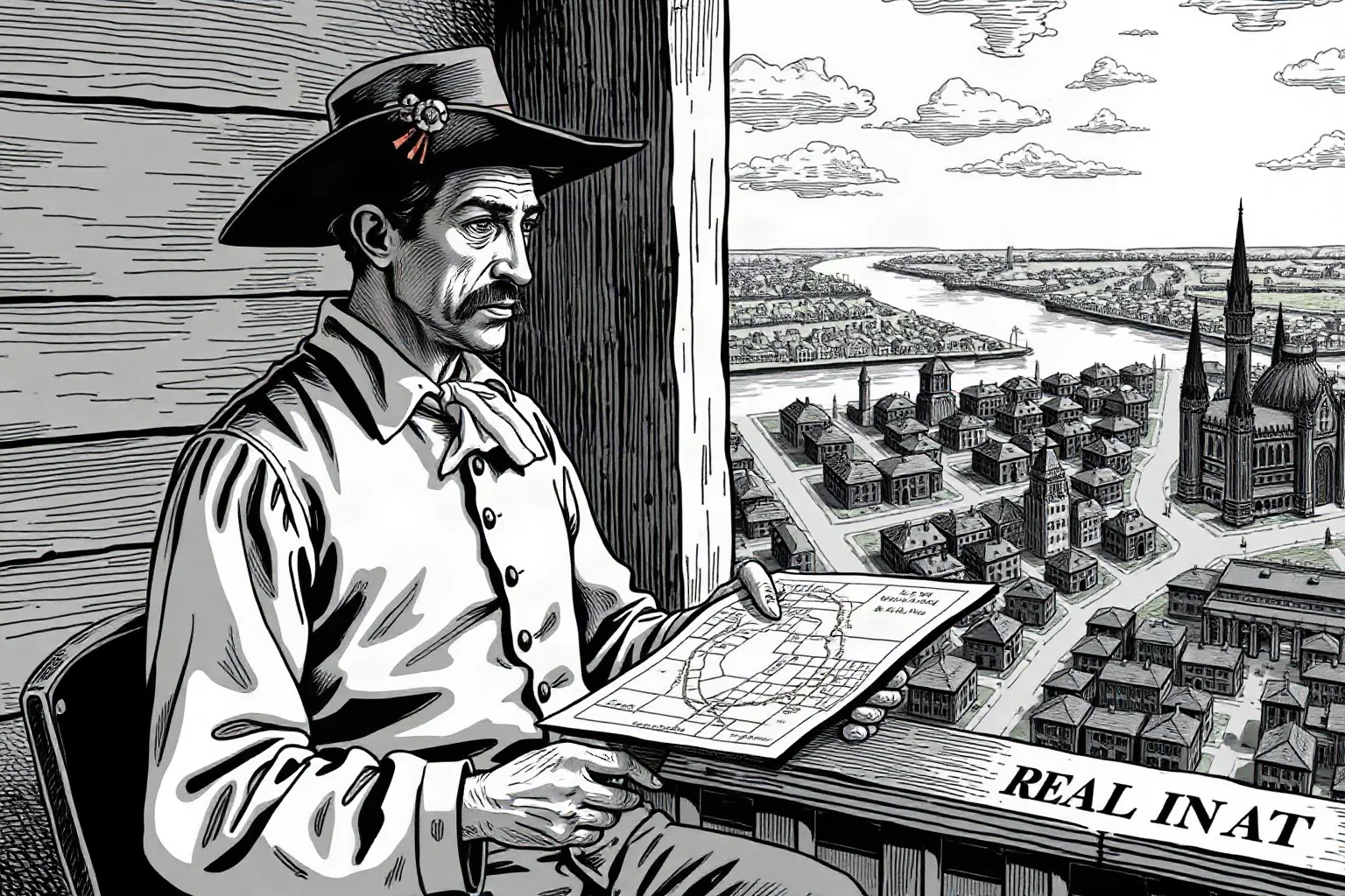 Historical illustration of a fur trader turned real estate mogul reviewing property maps of a 19th-century city