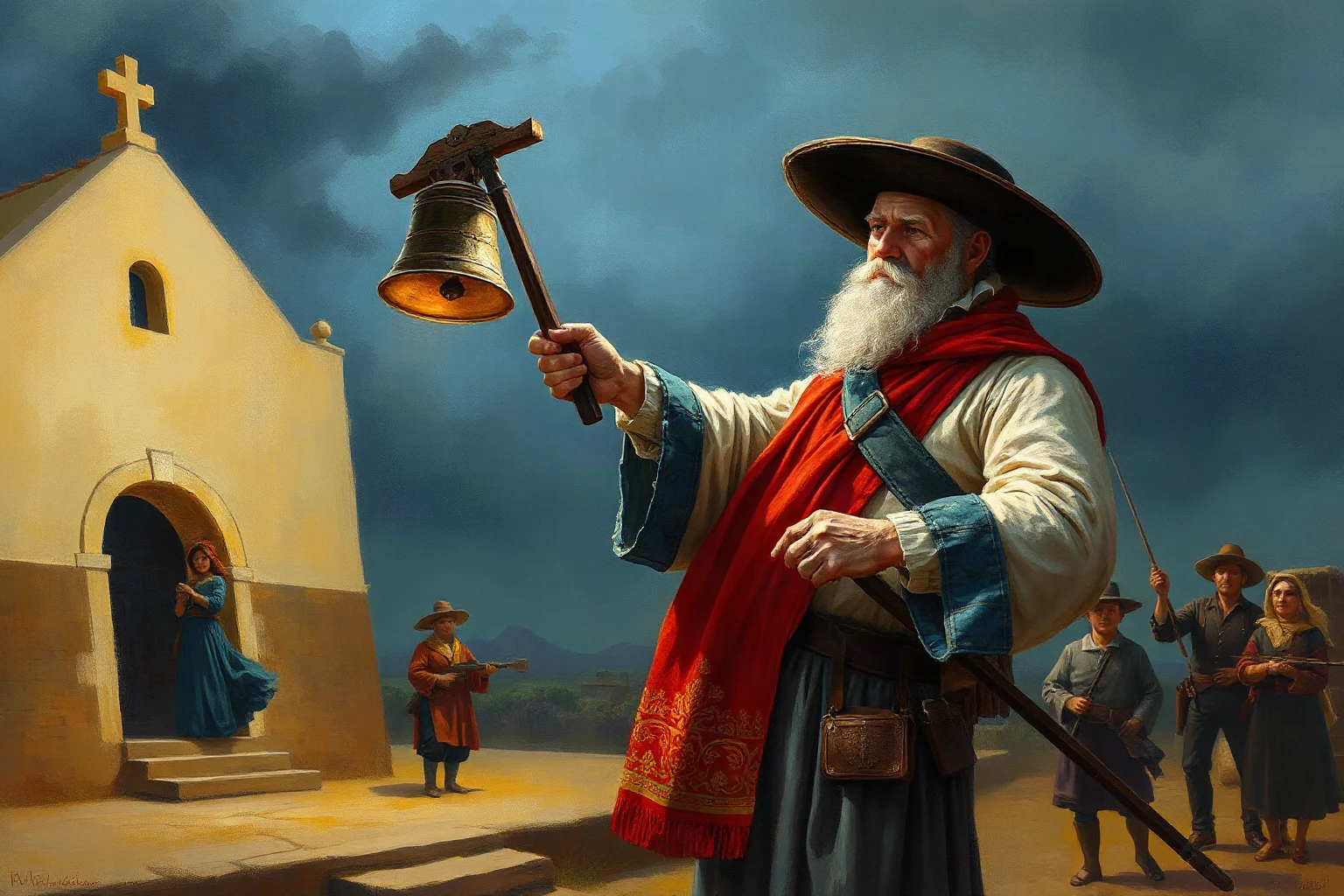 Historical illustration of a Mexican priest ringing a church bell at night to rally villagers, early 1800s setting, painterly style