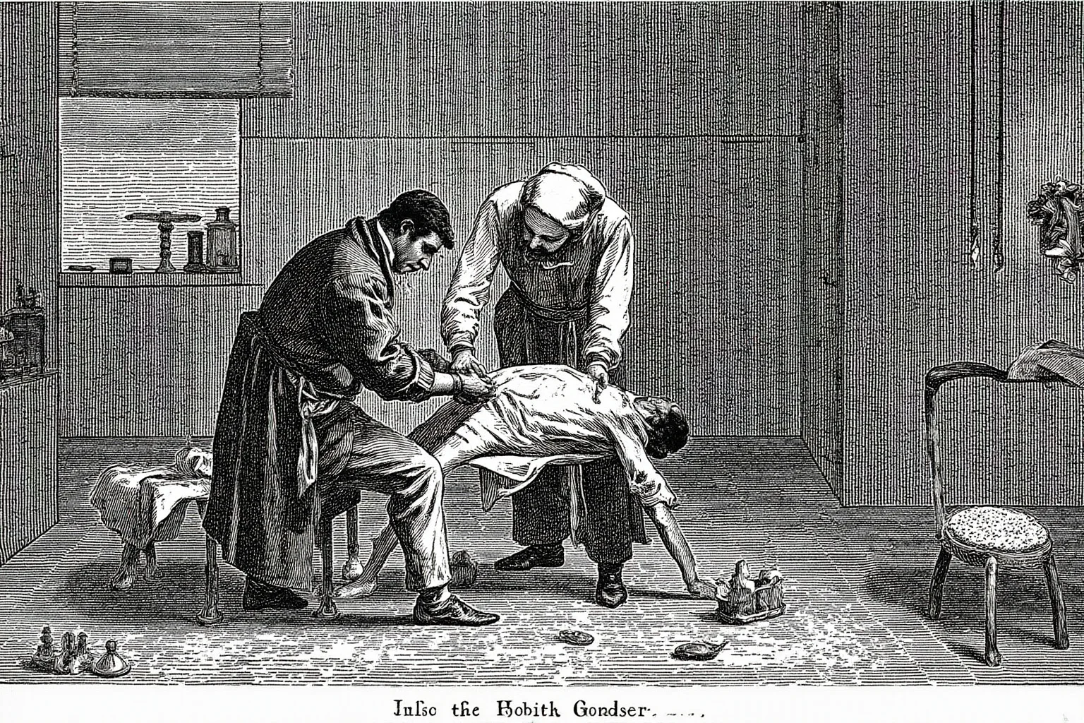 Historical illustration of a physician performing bloodletting on a patient in an old apothecary room