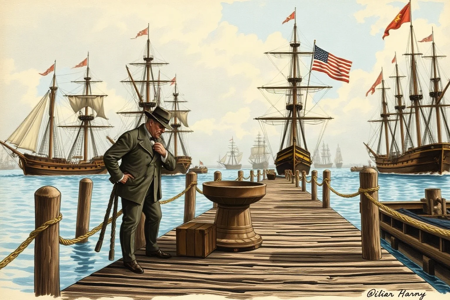 Historical illustration of a shipping magnate on a wooden dock with sailing ships in an early American harbor