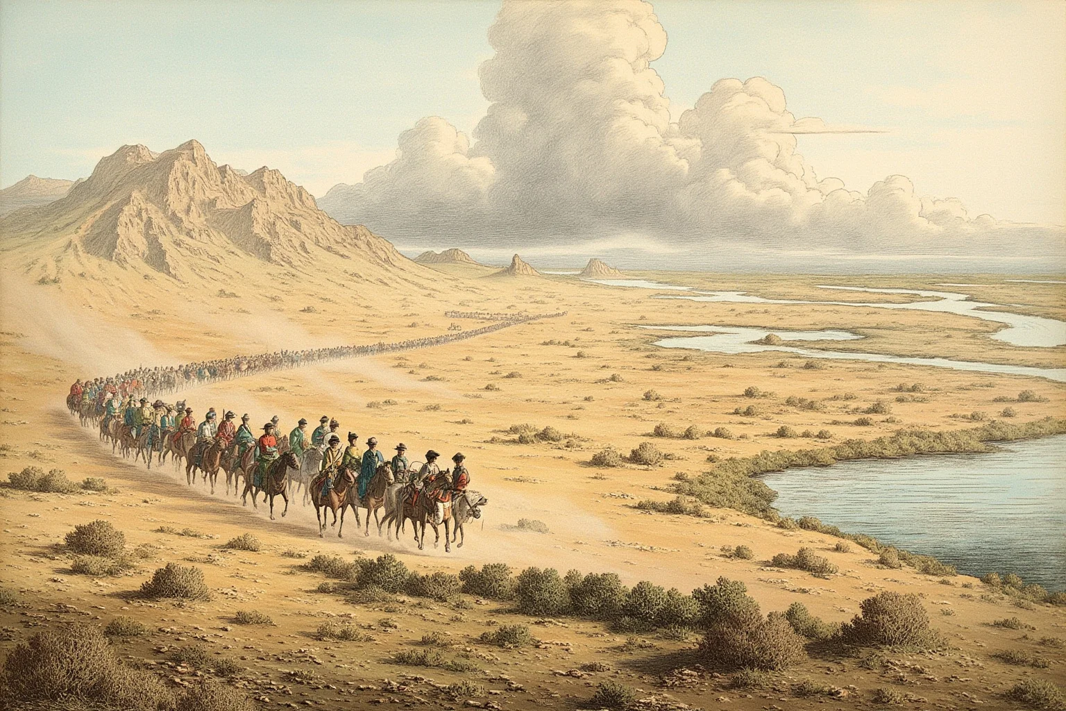 It's In The Name: Why Alexander The Great Is Considered History's Greatest General 13 Historical illustration of an army traveling across an arid desert landscape following a river, dust clouds rising