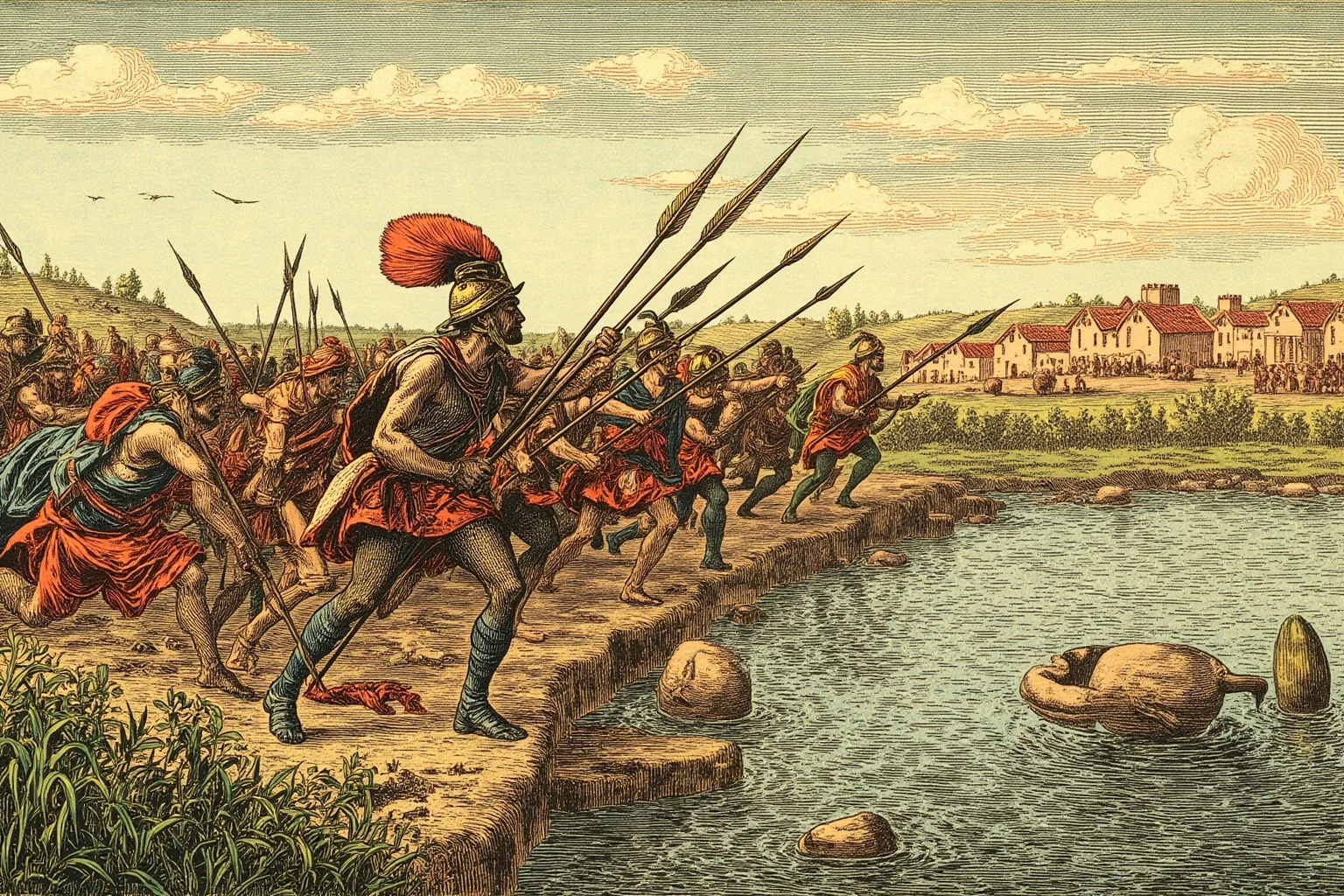 It's In The Name: Why Alexander The Great Is Considered History's Greatest General 6 Historical illustration of ancient soldiers crossing a river under arrow fire, Bronze Age military art style