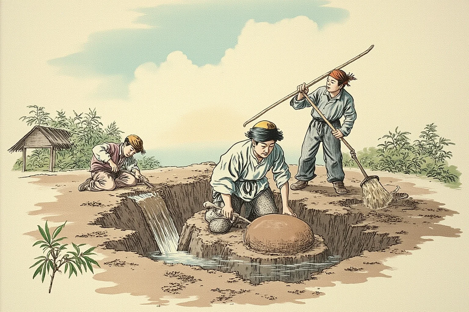 Historical illustration of farmers in 1970s rural China discovering a clay head while digging a well