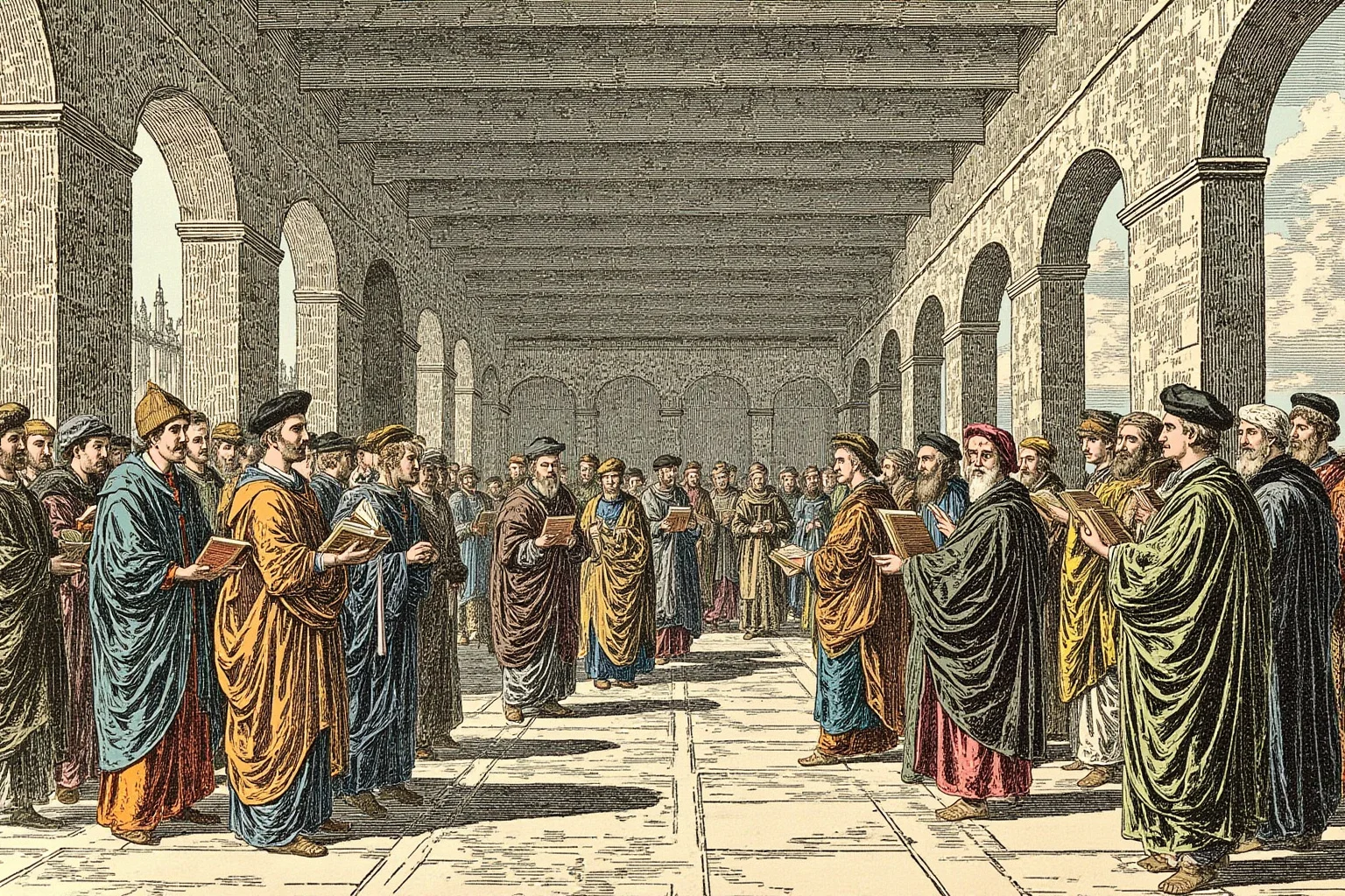 Historical illustration of medieval scholars in robes gathered in a stone lecture hall at the University of Bologna