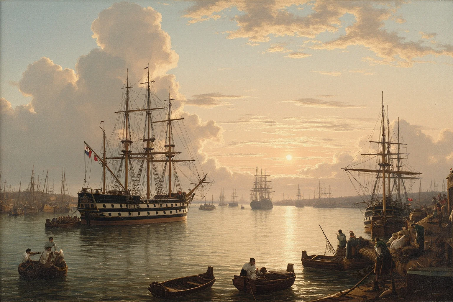 Historical illustration of tall ships anchored in a harbor at dawn, representing an 18th-century fleet arrival