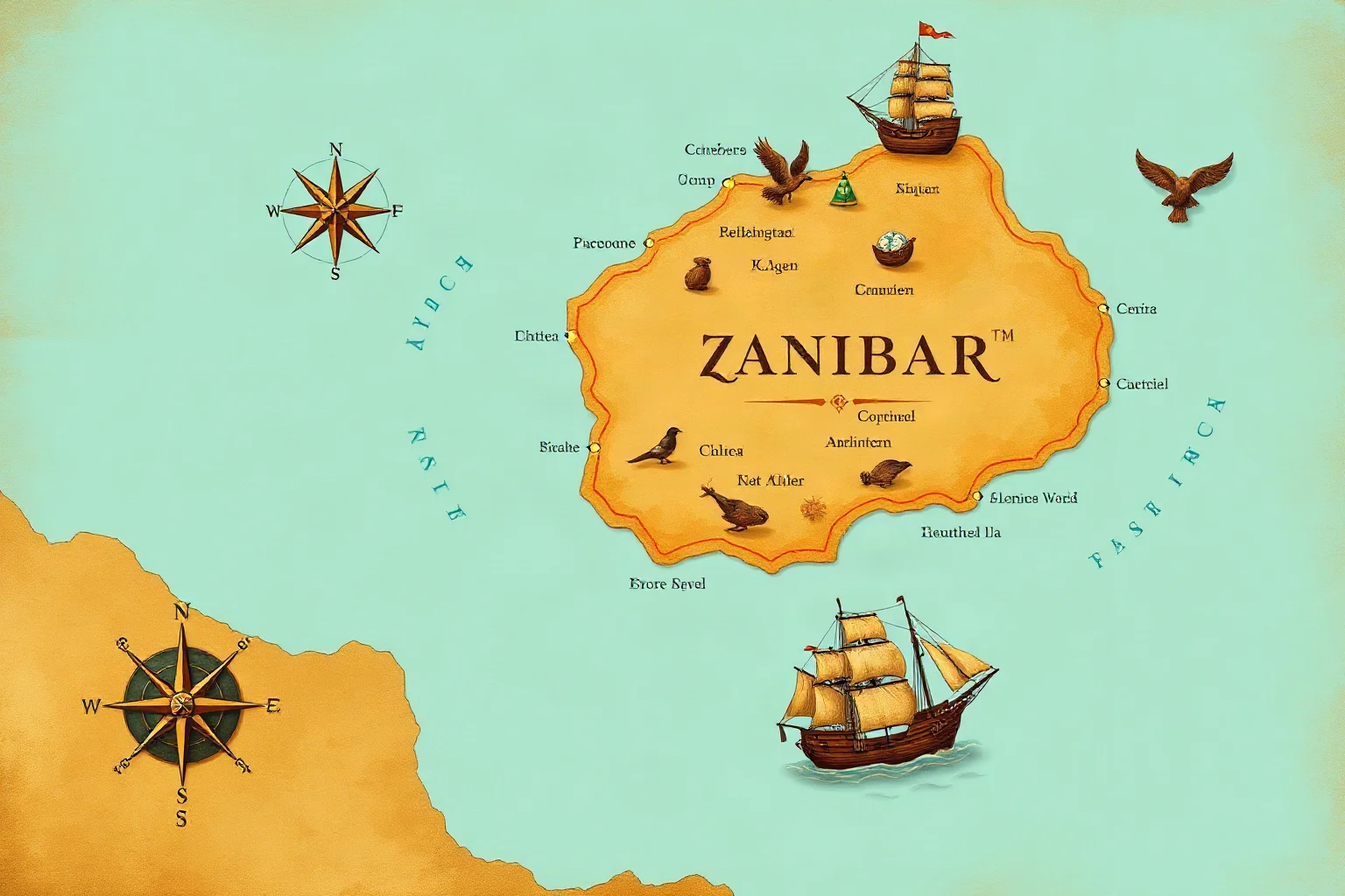 Historical map illustration of Zanzibar island off the East African coast with old-style compass and ship icons