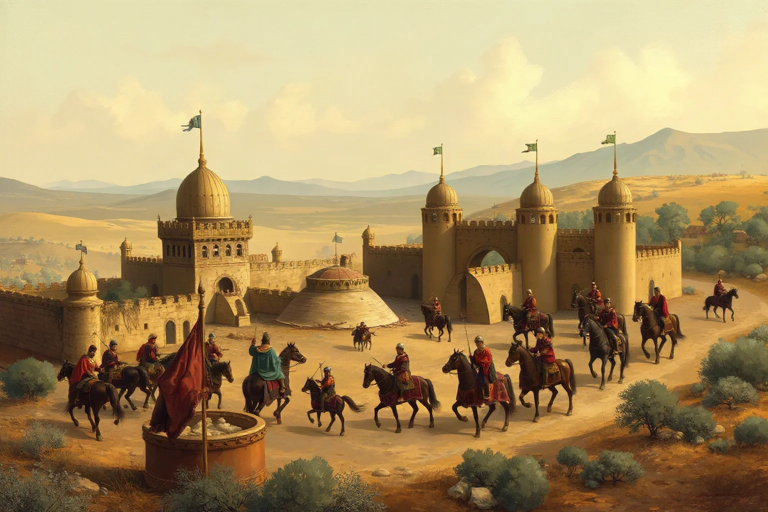 Historical painting-style illustration of a 14th-century Central Asian conqueror's army camp with siege towers