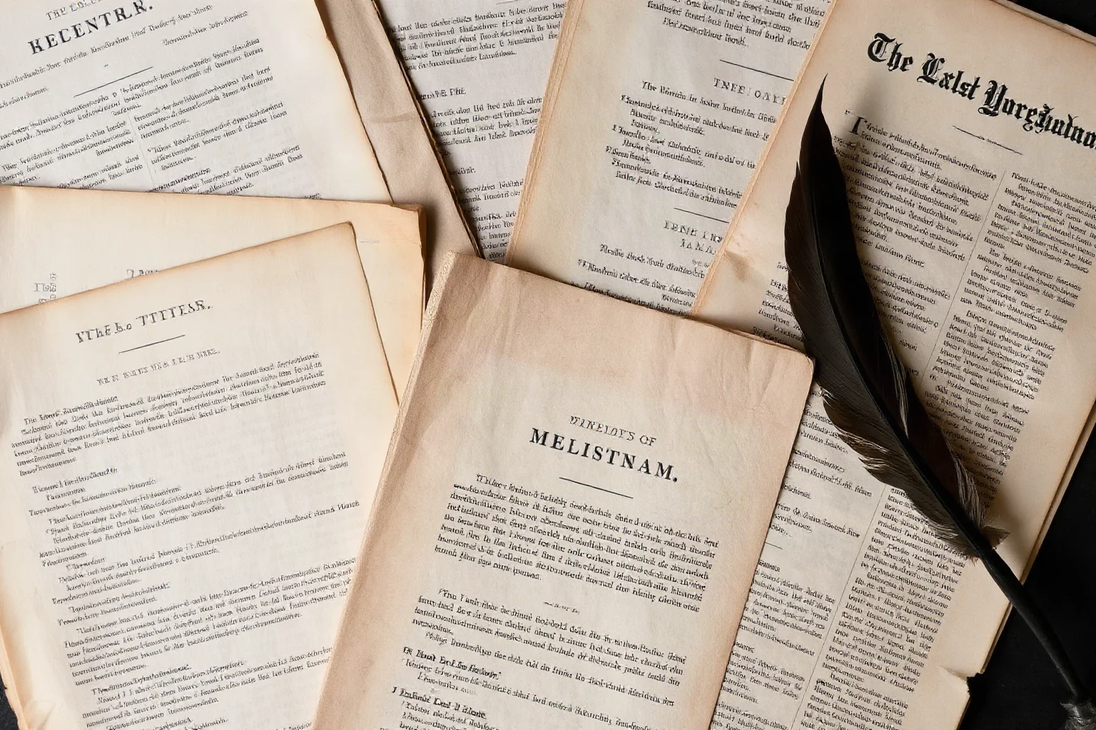 Historical printed pages and documents from the late 1700s spread across a surface, with a quill pen nearby
